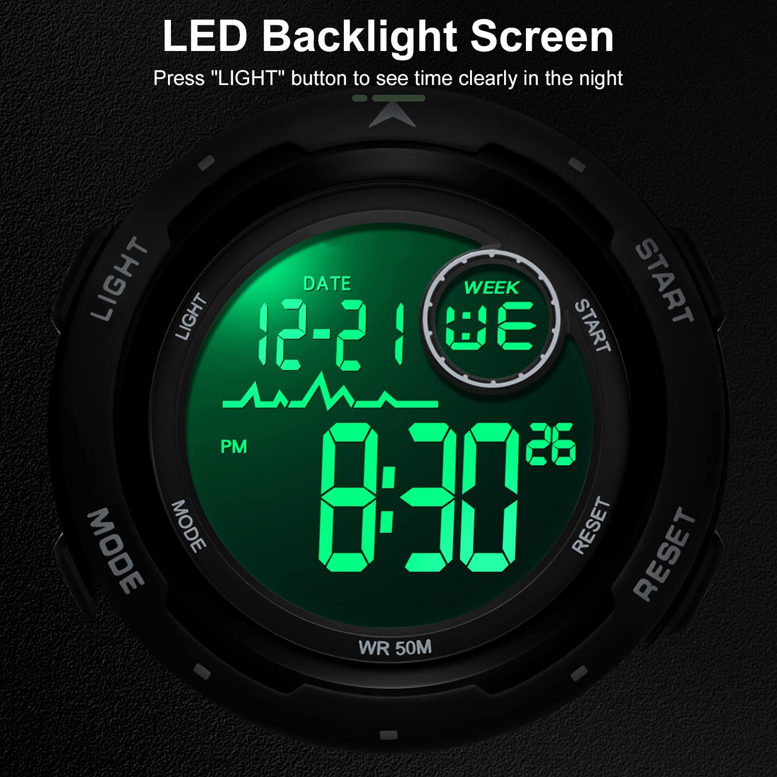 Relojes de hombre digital militar deportivo 50 m, resistente al agua, reloj digital con despertador, fecha, reloj digital LED, cronómetro, 12/24 horas, reloj táctico para hombres y niños al aire