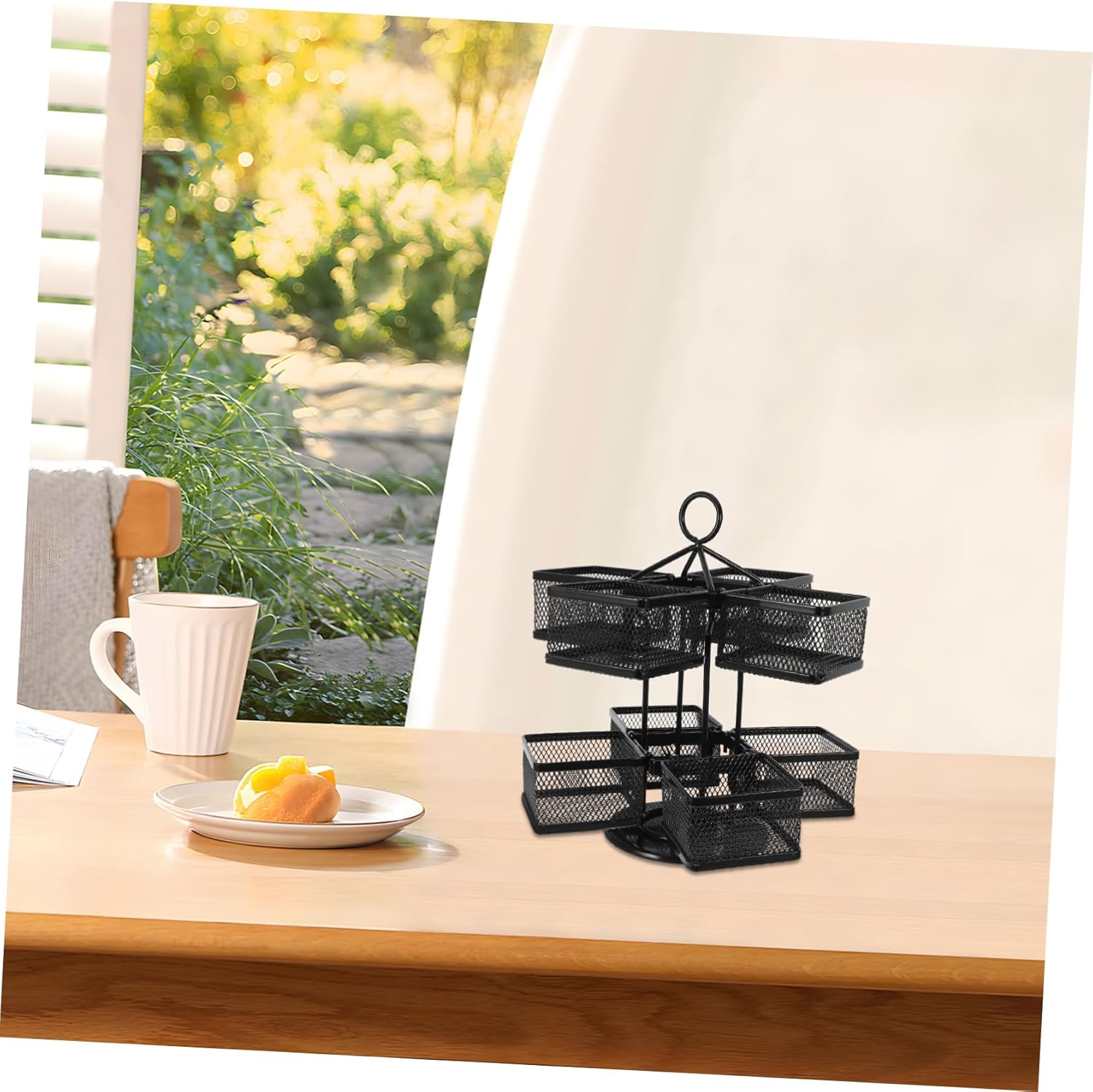 PRETYZOOM Tea Bag Storage Organizer Box Rotating Rack for Tea Bags Sugar Packets Coffee Creamer Elegant Iron Design Space Saving Kitchen Accessory