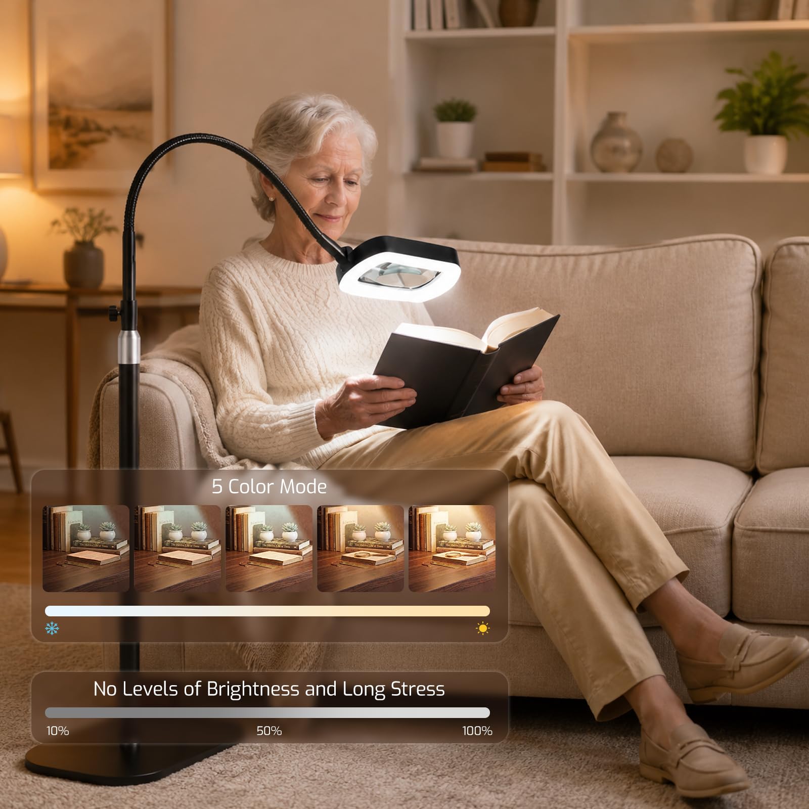 10 lupas con luz y soporte, 3 en 1 lupas de pie con 60 LED, lámpara rectangular de cuello de cisne con abrazadera, 5 modos de color regulable, sin manos, lupa de lectura con luz para personas mayores