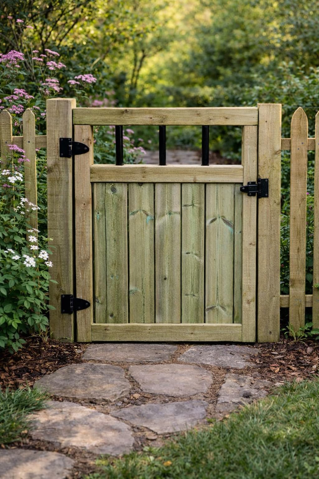Wooden Garden Gate with Flat Top – Pressure Treated Outdoor Fence Gate with PVC Spindles (90cm High x 90cm Wide x 5cm Deep)