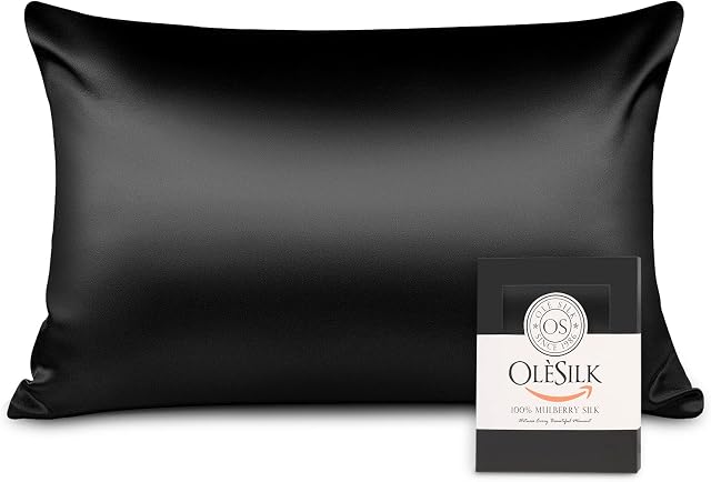 OLESILK 100% Silk Pillowcase for Hair and Skin, Both Sides 16 Momme Real Natural Mulberry Silk, with Hidden Zipper and Gift Box, 1pc, Black, 50x75cm