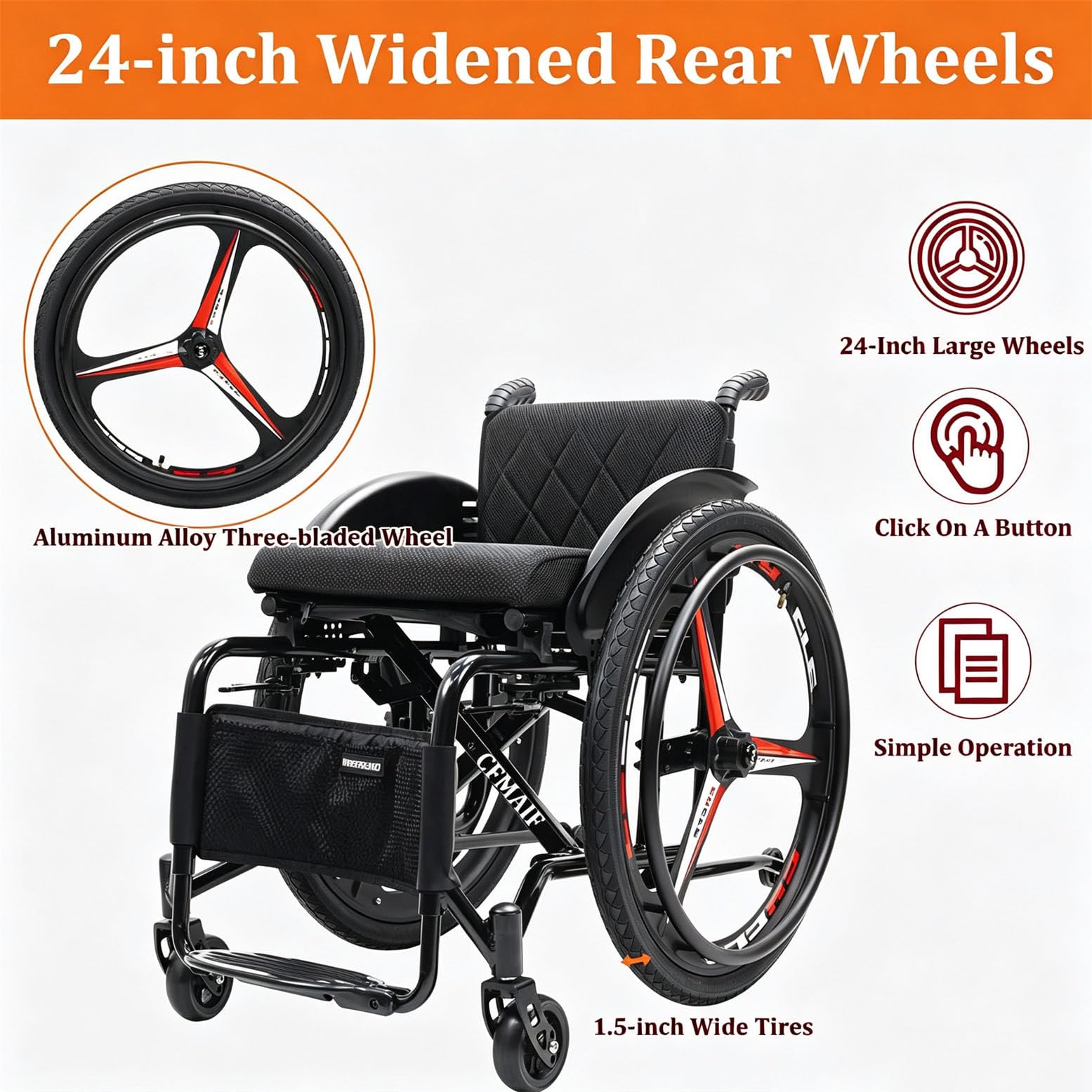 Carrozzina Sportiva Pieghevole per Trasporto 38cm/15in | Portata 100 kg, ruote posteriori da 24 pollici, carrozzina portatile per viaggi