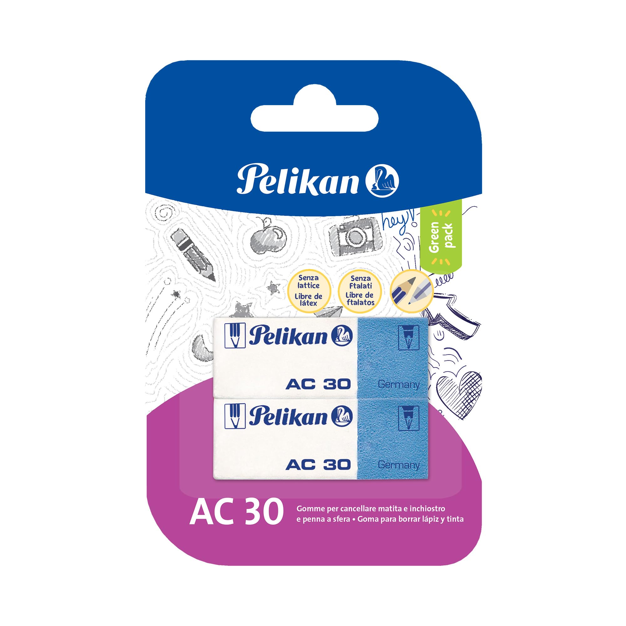 Pelikan AC30 Erasers, White Eraser for Pencil and Ink, Suitable for Technical Art Drawing and School Use, Pack of 2