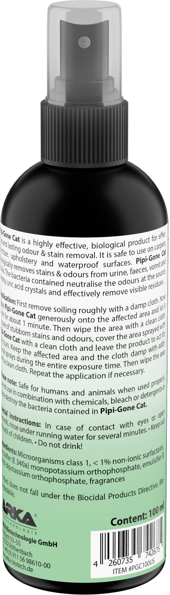 ARKA PIPI-Weg Cat – 100 ml – skuteczny środek do usuwania plam i nieprzyjemnych zapachów, trwale usuwa mocz kota, odchody, wymioty i ślinę na dywanach i tapicerkach.