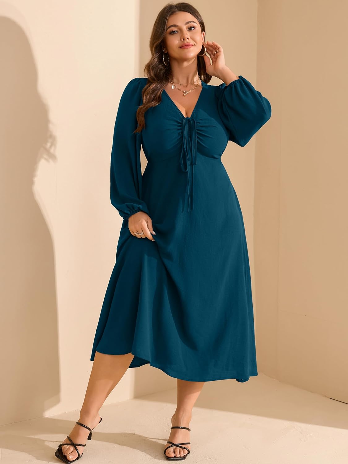RWJ Fall Wedding Guest Dresses for Women Plus Size V Neck Long Sleeve Tie Front Cocktail Maxi Dress with Pockets - Image 6