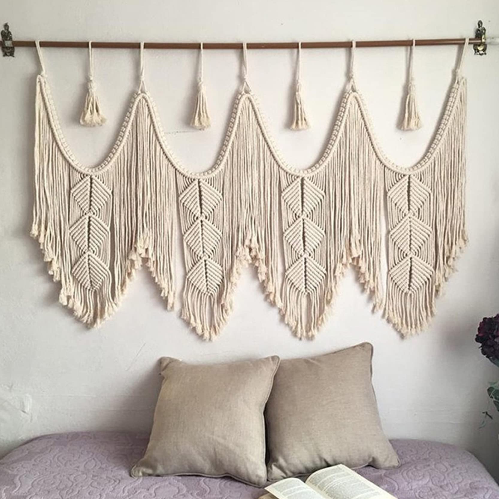 Tapiz Colgante de Pared de macramé Grande Bohemian, con Pasador de Madera, Tapiz de Pared Tejido de macramé Hecho a Mano Borla Arte Cuerda de algodón decoración de Pared,Beige-140x110cm