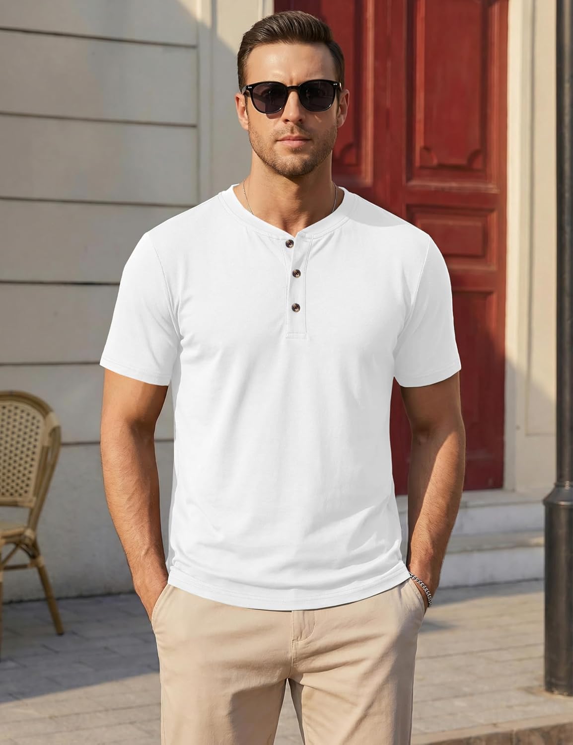 MAGNIVIT Mens Henley Shirts Short Sleeve Cotton Casual Summer Basic T-Shirts 3 Button Solid Collarless Shirts for Work - Image 2