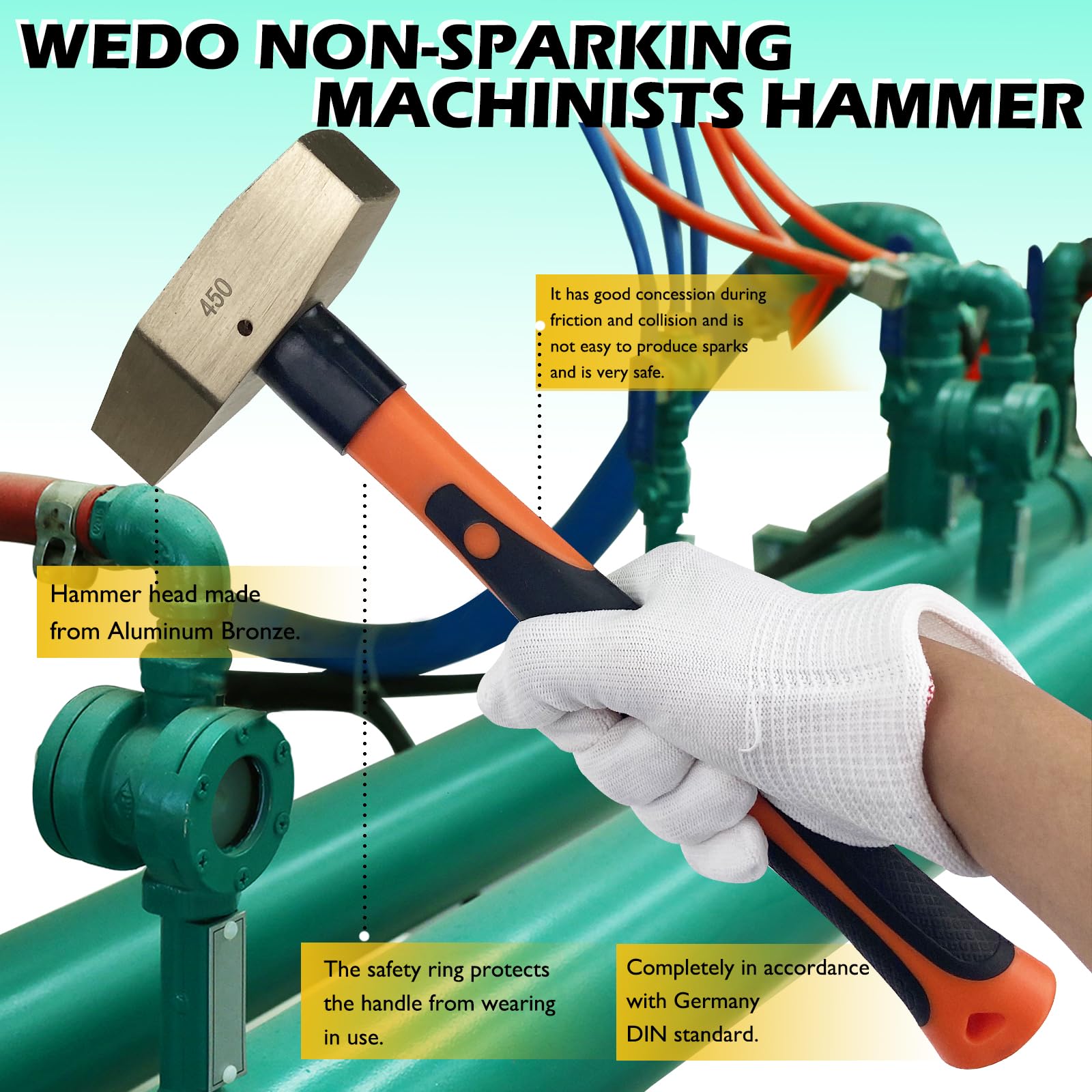 WEDO Martillo de maquinistas,martillo de punta cruzada que no chispa,bronce de aluminio,mango de fibra deVidrio,cabeza de martillo de 450g,longitud de 310mm,forjado a presión,BAM