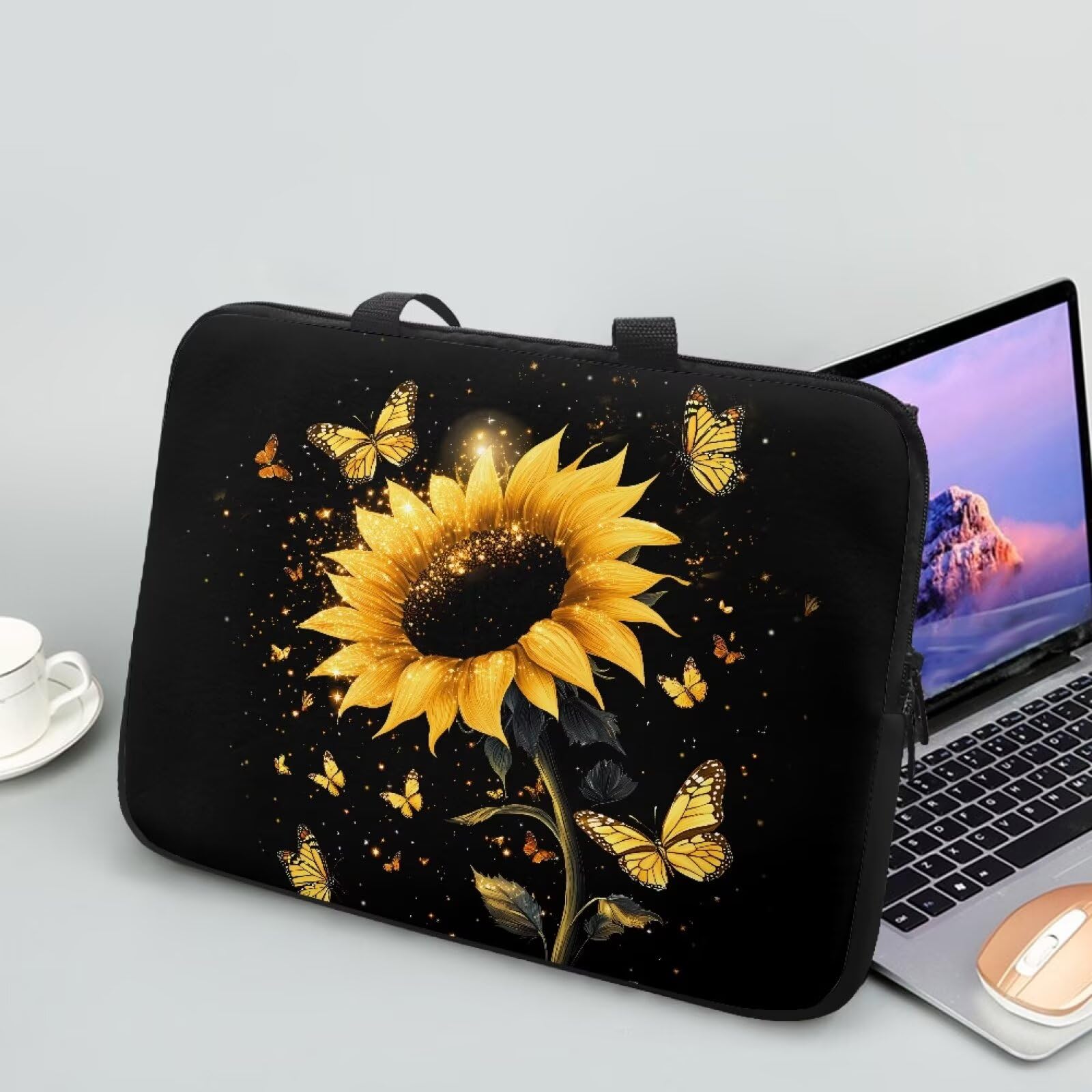 Suhoaziia Sunflower Butterfly 10-17 Inch Laptop Sleeve, Portable Computer Bag Tablet Carrying Case with Handle, Women Business School Tote Bags Notebook Case Handbag Briefcase