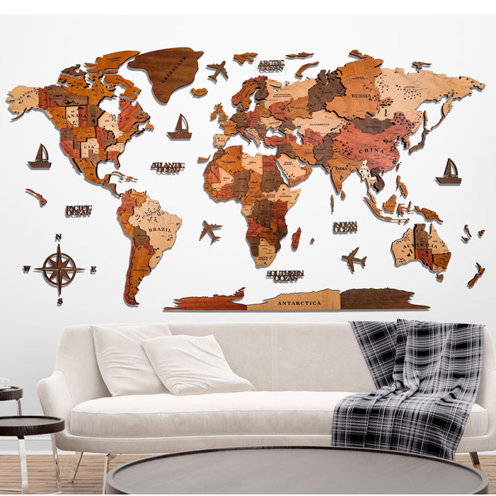 Mapa del Mundo de Madera 3D para Pared, tamaño Extragrande (59/79/98/118 Pulgadas), decoración artística Moderna para el hogar, Regalo para Colgar en la Sala de Estar(A,Large)