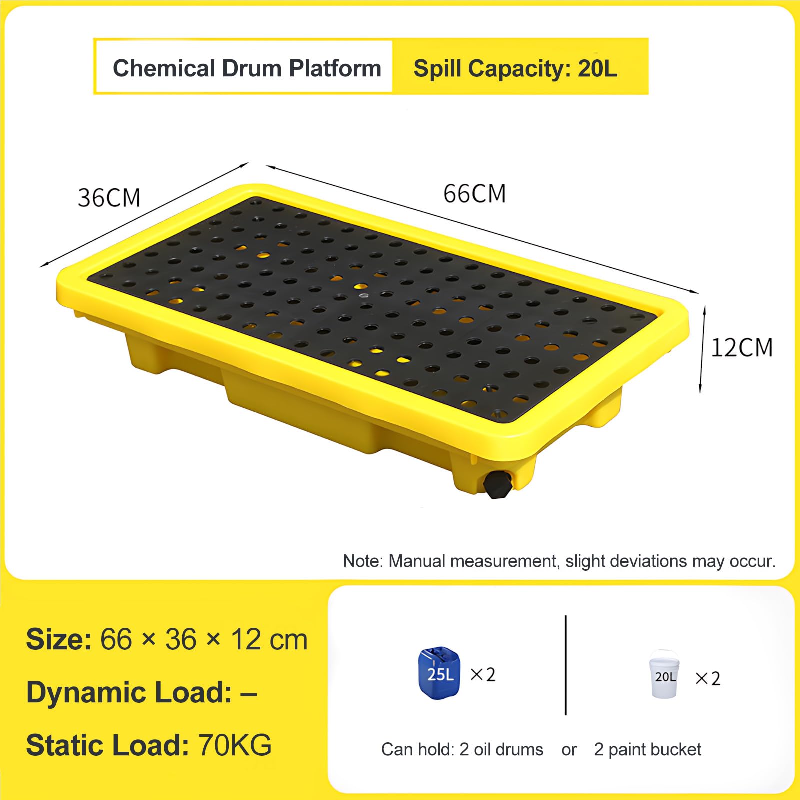 Vaschetta di Contenimento con Griglia Removibile – Resistente ai Prodotti Chimici, Facile da Pulire, Impilabile, per Laboratorio, Officina e Fusti di Olio,66 * 36 * 12cm