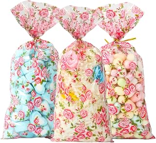 LEOSINDA 100 Pieces Roses Cellophane Treat Bags, 5 X 11 Inches Candy Bags for Gift Wrapping, Wedding Bridal Shower Supplies Favors Decorations Birthday Theme Floral Graduation Decor (Flowers)