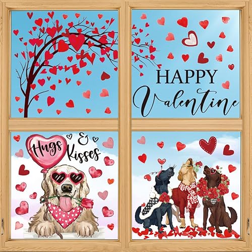 Horaldaily 118 calcomanías adhesivas para ventana del día de San Valentín, árboles de amor de perros para suministros de fiesta en casa, tienda,