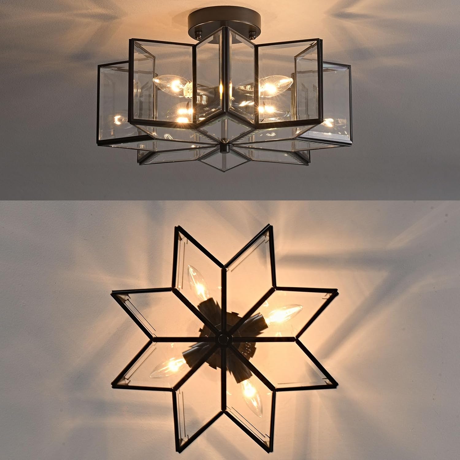 Milaii Star Flush Mount Ceiling Light Copper Close to Ceiling Lights 16.3in Black Lighting Fixtures 4-Light Bedroom Ceiling Lamp with Clear Glass, E12