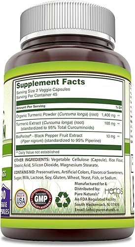 Miniatura 2 de Pure Naturals Curcumina de cúrcuma con bioperina 2250 mg por porción suplemento  Cápsulas vegetales  Sin OMG  Sin gluten  Fabricado en Estados