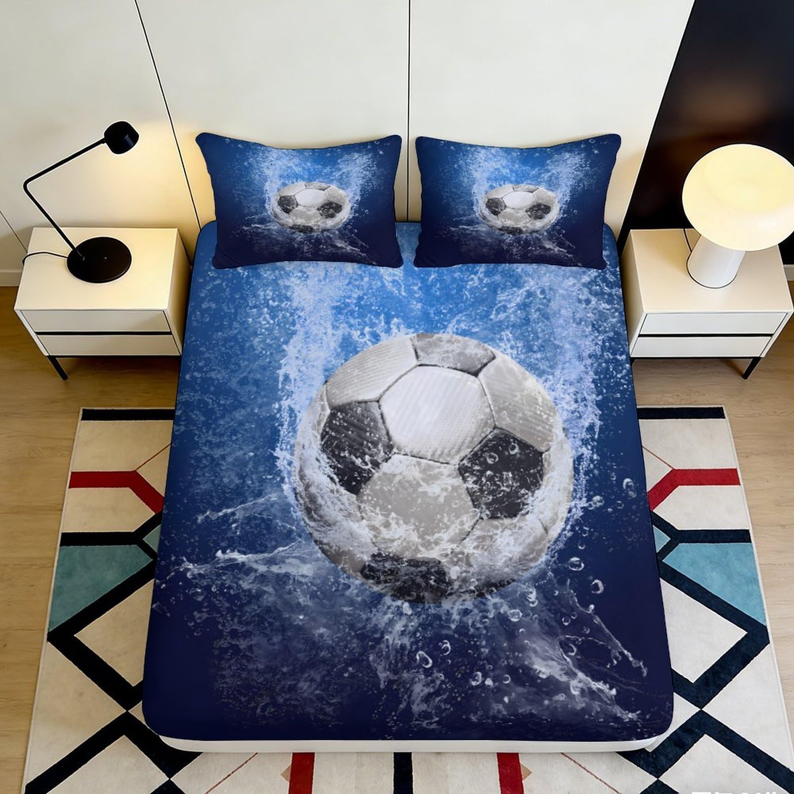 Pnayamiorkfel Style-5 3D Printed Splash Soccer Fitted Sheet Microfiber Blue Bedroom Decor Football Bed Cover For Home Guest Room 90X200x25cm