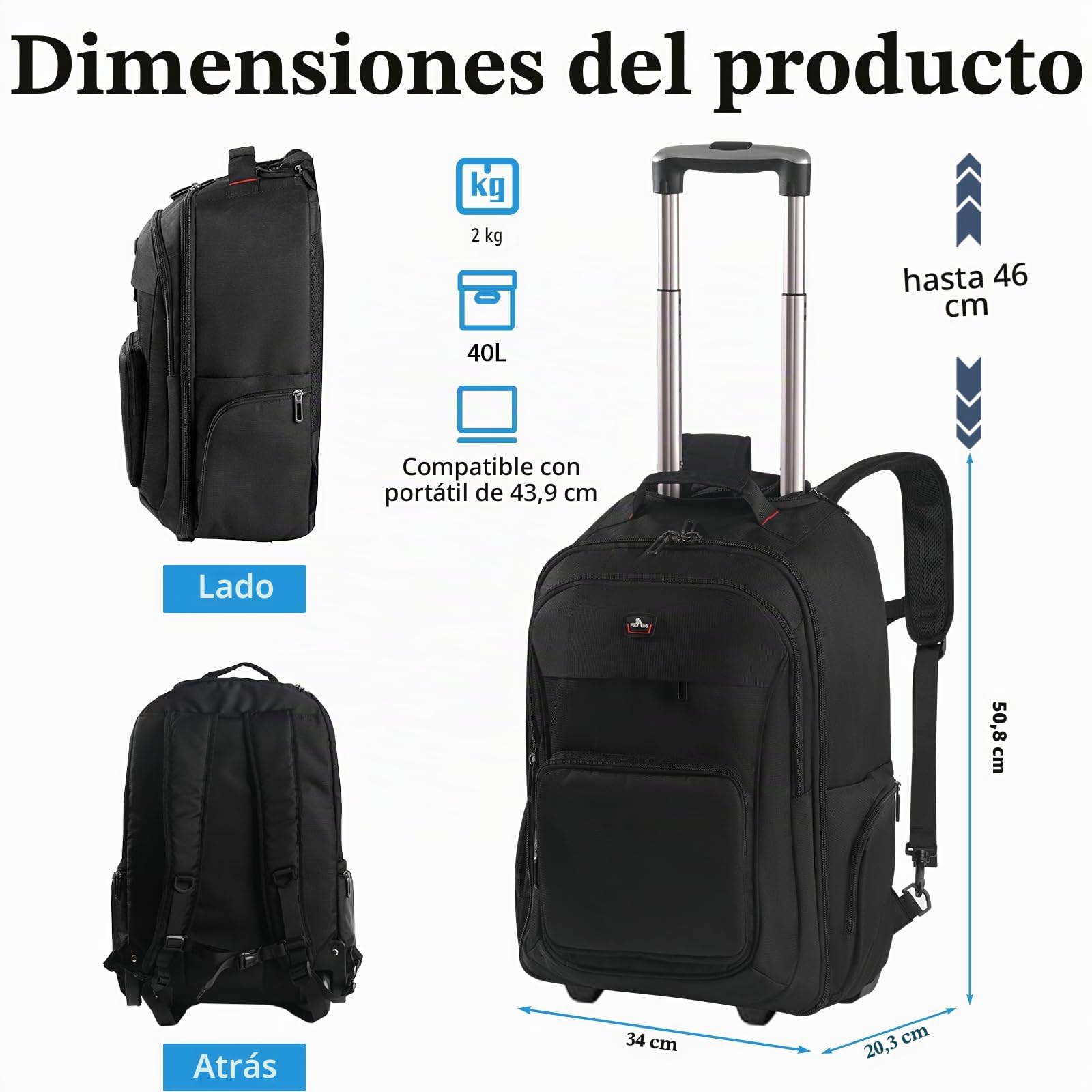 Mochila con ruedas, 15,6 pulgadas, maleta de mano, portátil, bolsa de viaje con ruedas, mochila grande para hombre, trabajo, universidad