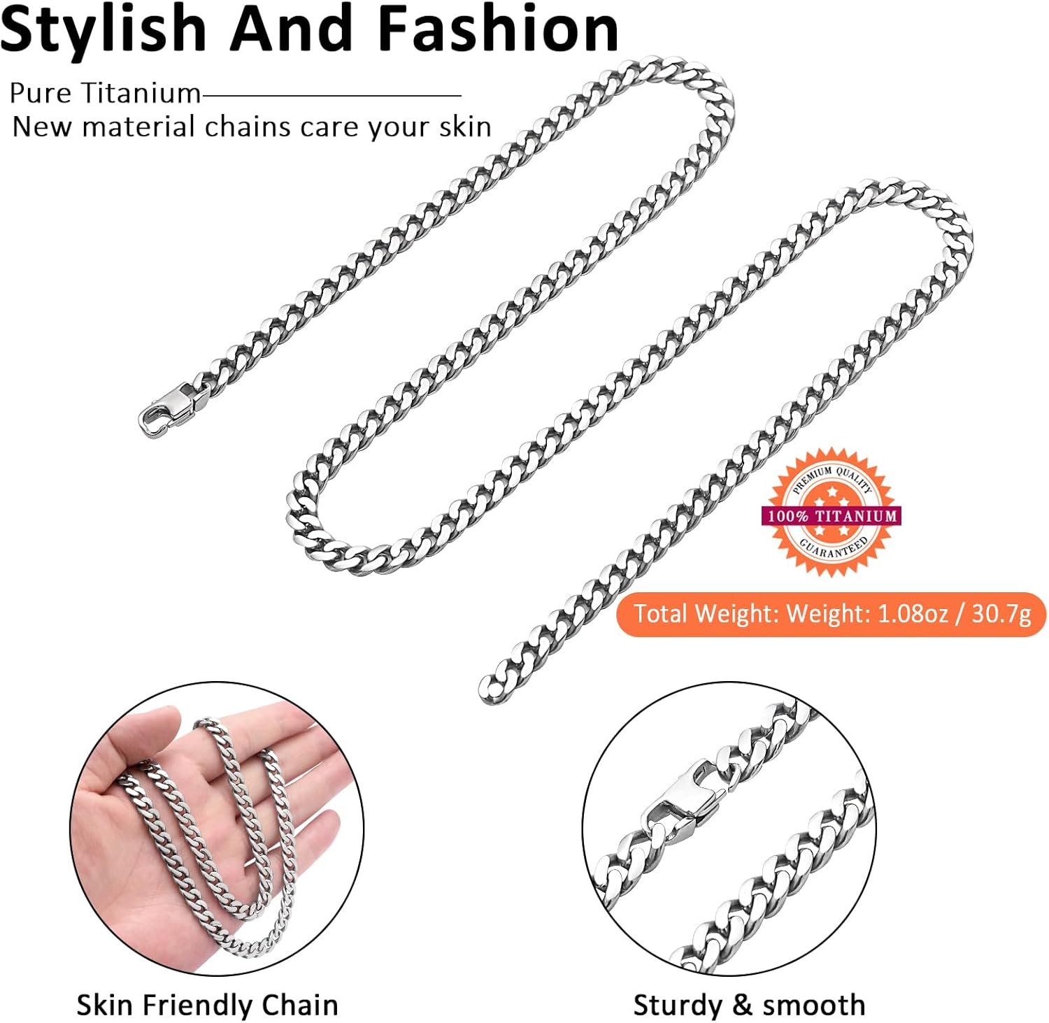 SanThree 7mm Pure Titanium Curb Link Chain Necklace, Smooth Skin Friendly Solid Titanium Chunky Double Tight Cuban Chain Necklaces Gift for Men Women Sensitive Skin Hip Hop Jewelry - Image 5