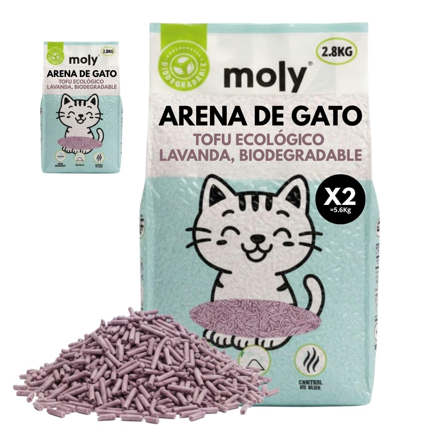 MOLY x2 Arena de Gatos Tofu y Lavanda 5,6 KG 7,4 L | Arena Biodegradable y Aglomerante Alta Absorcion con Aroma de Lavanda y Talco | Control Total de Olores | Sin Polvo | Lecho Mineral Higienico