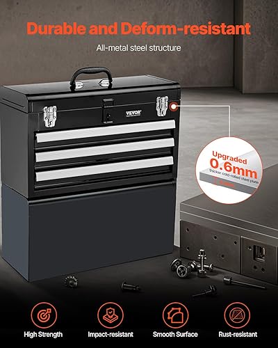 Miniatura 6 de VEVOR Caja de herramientas de metal, 20.5 pulgadas, caja de herramientas de metal portátil con 3 cajones, pequeña caja de herramientas con forro