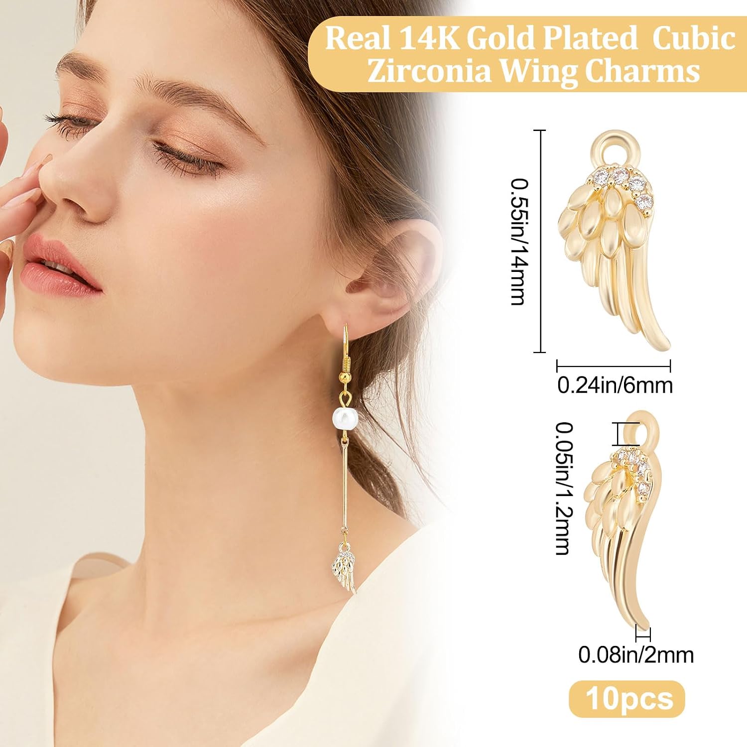 Beebeecraft 1 Box 10Pcs Angle Wing Charm Cubic Zirconia 14K Gold Plated Brass Feather Wing Charms for Jewelry Making Necklace DIY Craft
