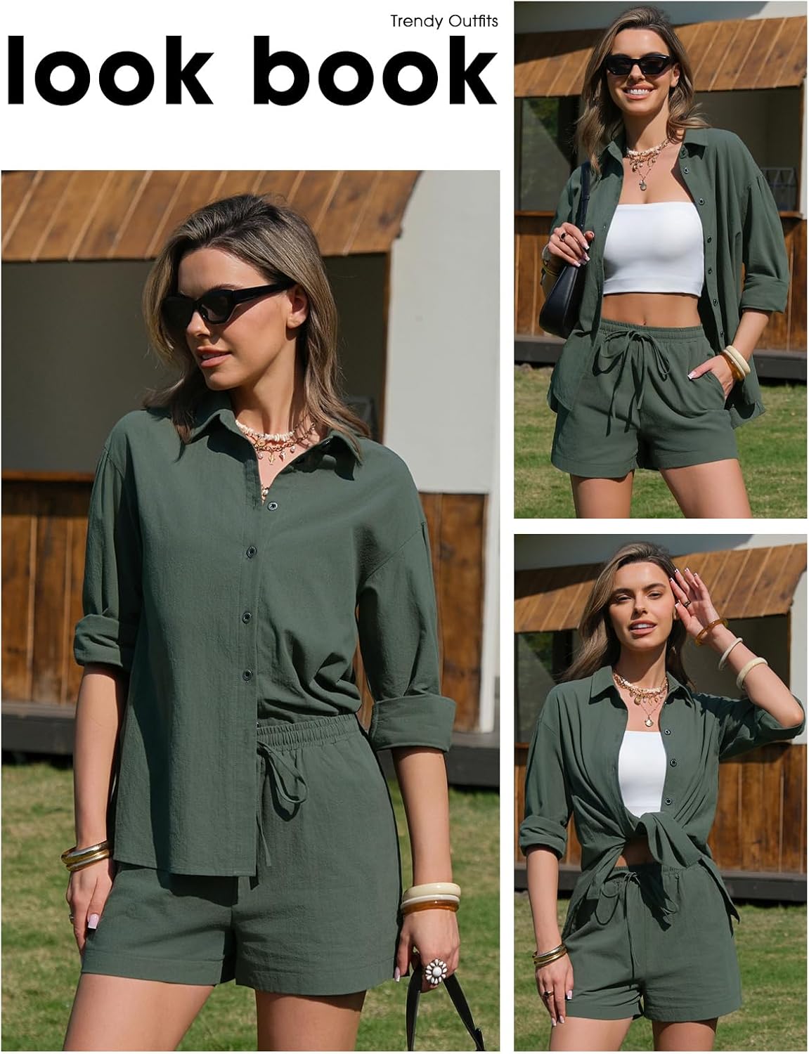 EXLURA Women's Summer 2 Piece Sets Long Sleeve Button Down Shirts Matching Short Sets Beach Vacation Cruise Outfits 2026 - Image 6