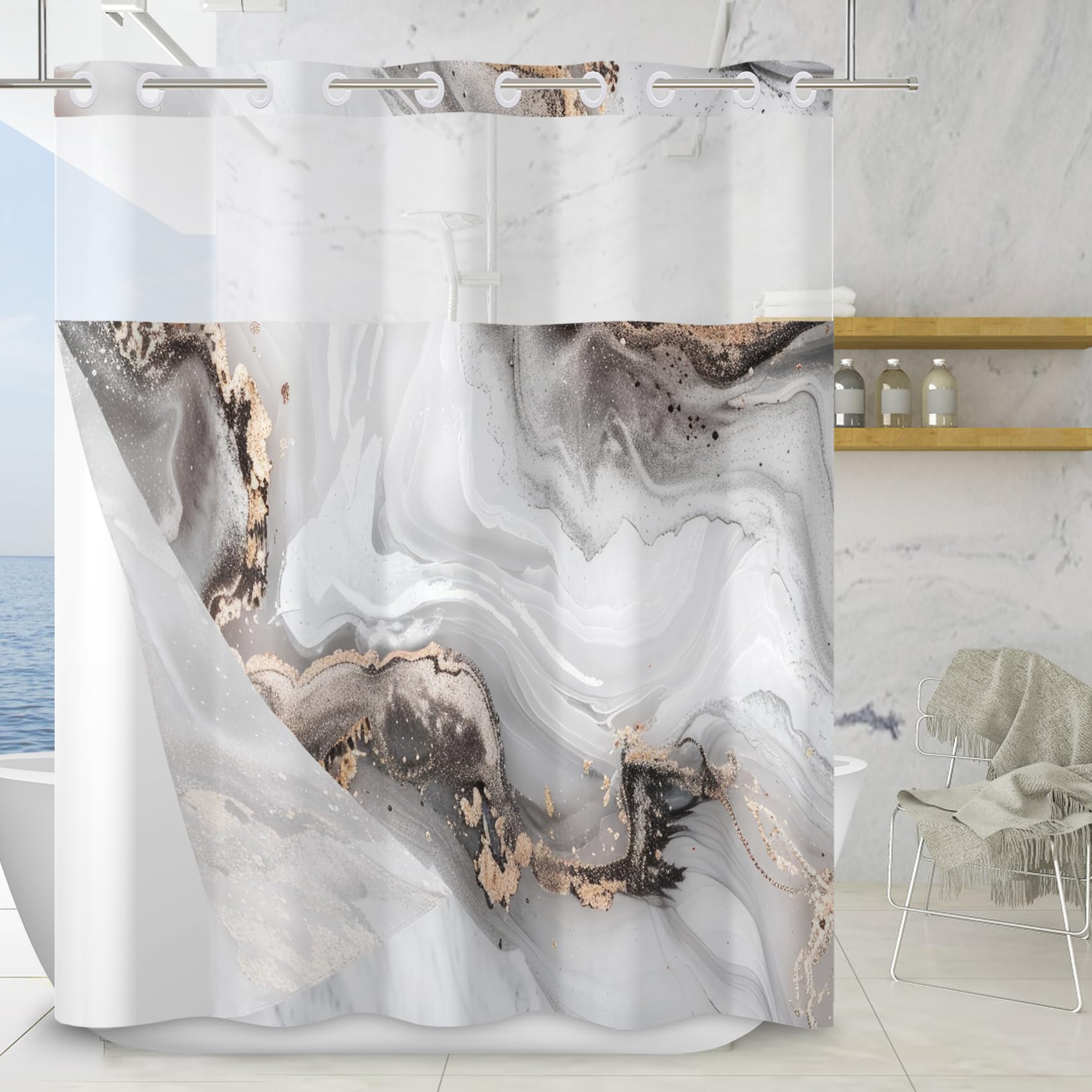 Tenda da doccia senza gancio con fodera a scatto in marmo grigio moderna trama a inchiostro crepe tenda da doccia in tessuto impermeabile trasparente finestra superiore bagno decorativo 180,3