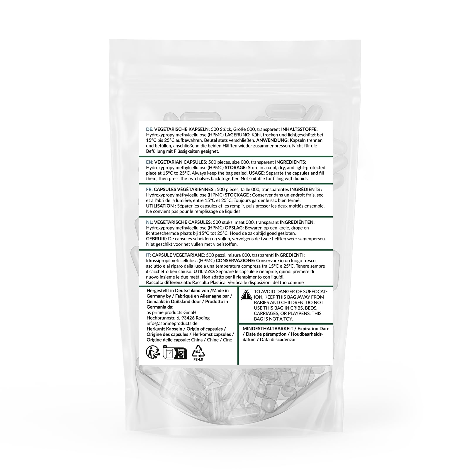 SHROOMY Capsule vuote HPMC – Dimensione 000 – vegano e trasparente – 500 pezzi
