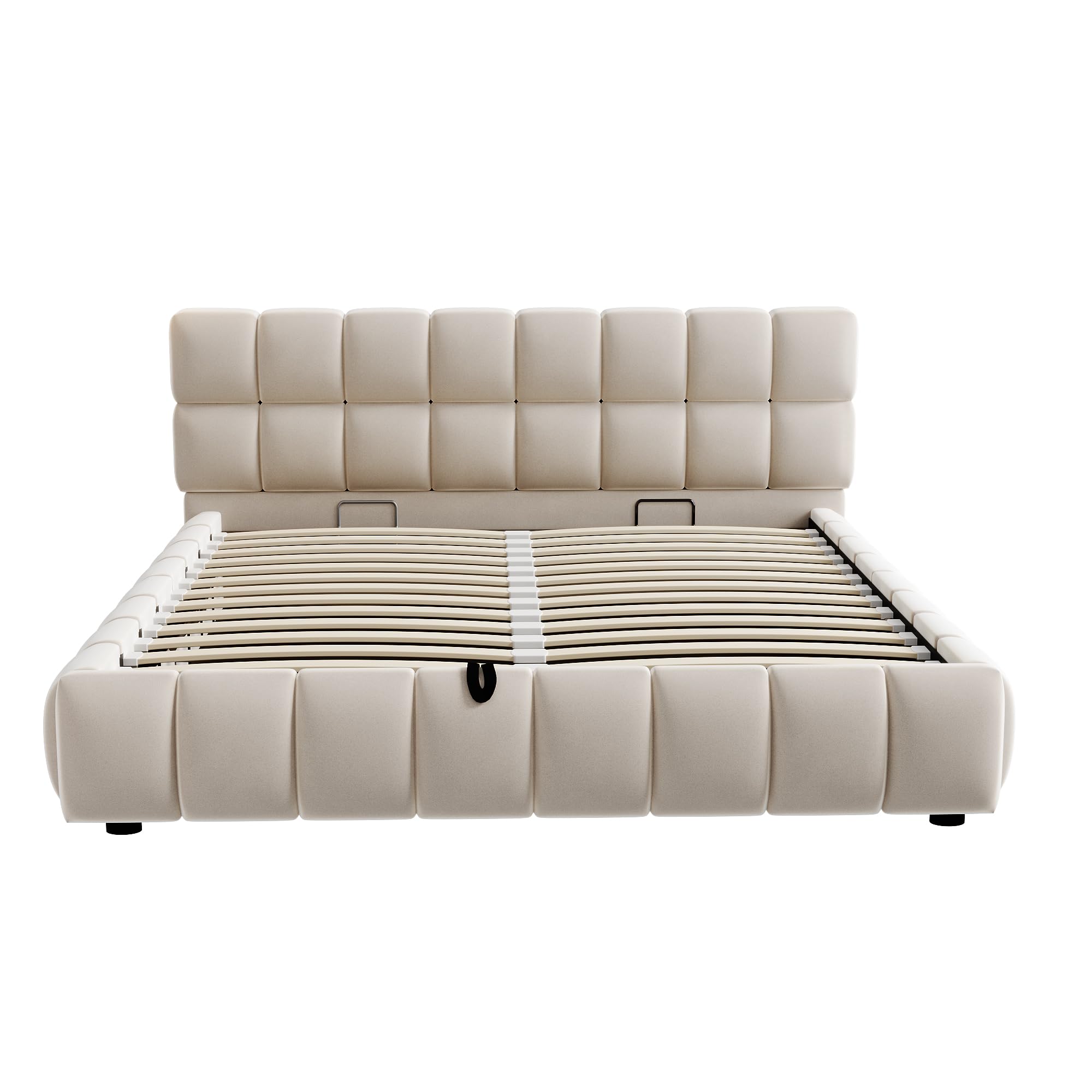 Cama tapizada de 140 x 200 cm, cabecero y laterales de cama con forma sólida y voluminosa, equipada con función de almacenamiento hidráulico, colchón integrado, cama doble, tela de terciopelo, sin