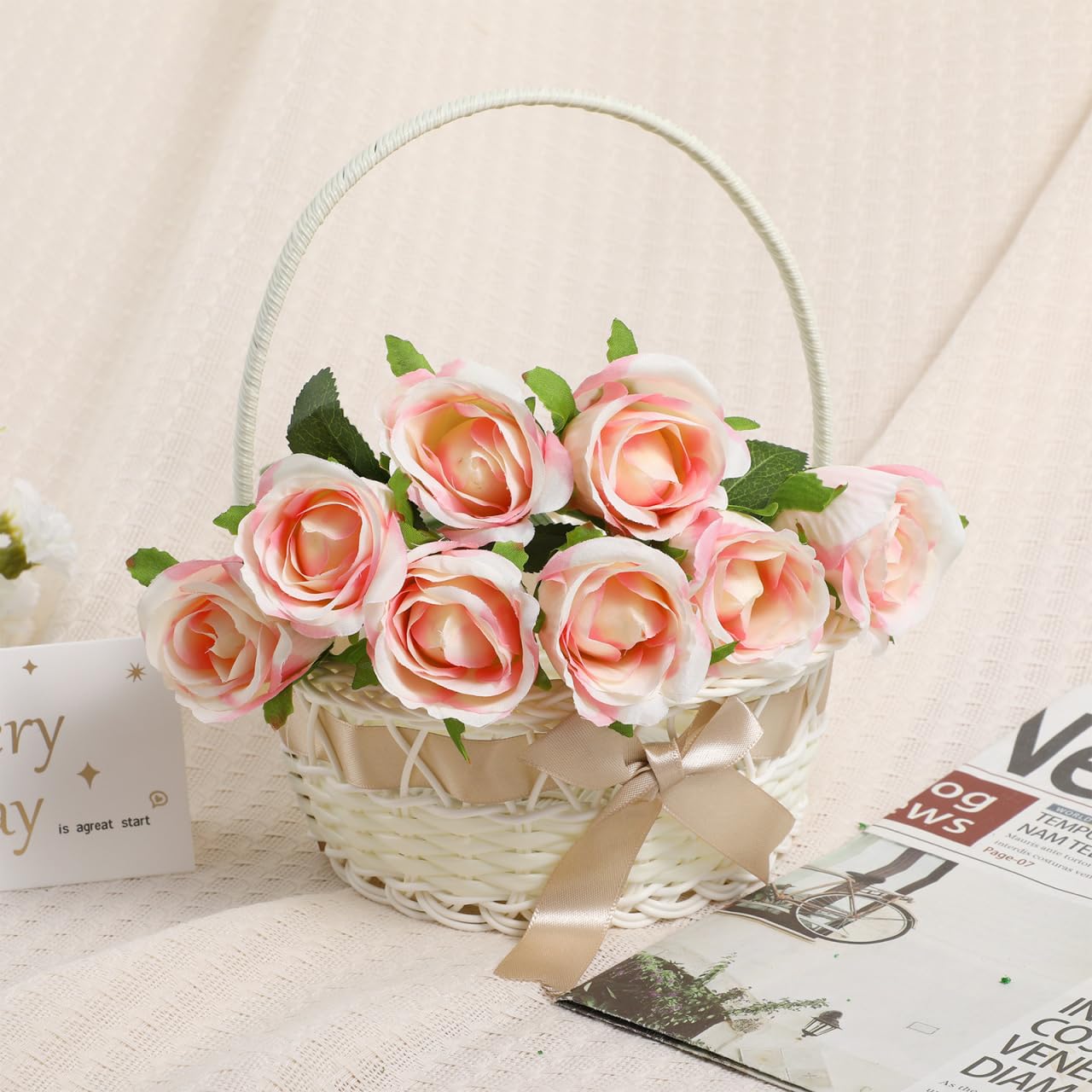 MAGICLULU Cesta De Mimbre Pequeña: Cesta De Mimbre Tejida Para Niña De Las Flores Cesta De Almacenamiento De Hecha A Mano Cestas Decorativas Cestas De Almacenamiento Con Lazo Y Asa