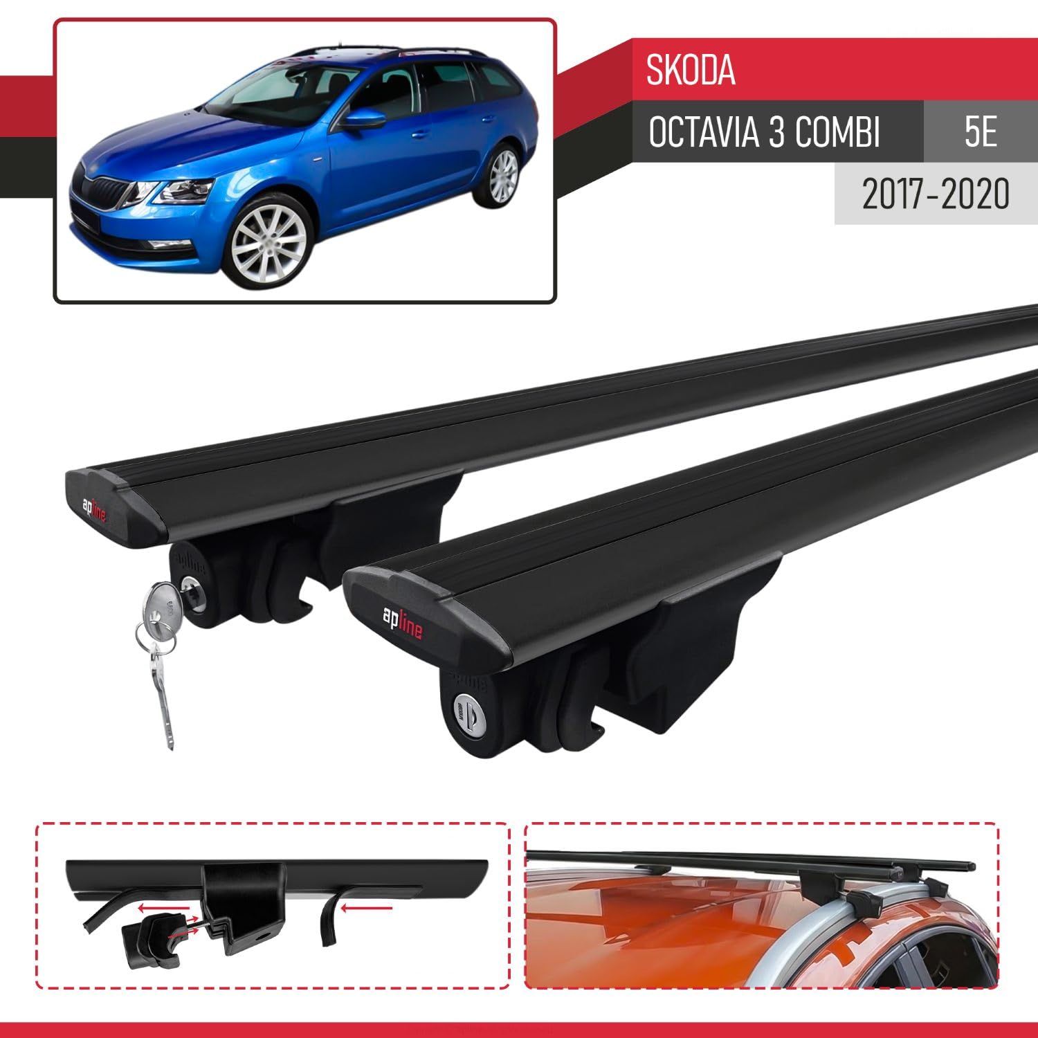 Kompatybilny z Compatible with Skoda Octavia 3 (5E) SW Post-Facelift 2017-2020 HOOK Model Aluminiowy bagażnik dachowy 2 poprzeczki, czarne