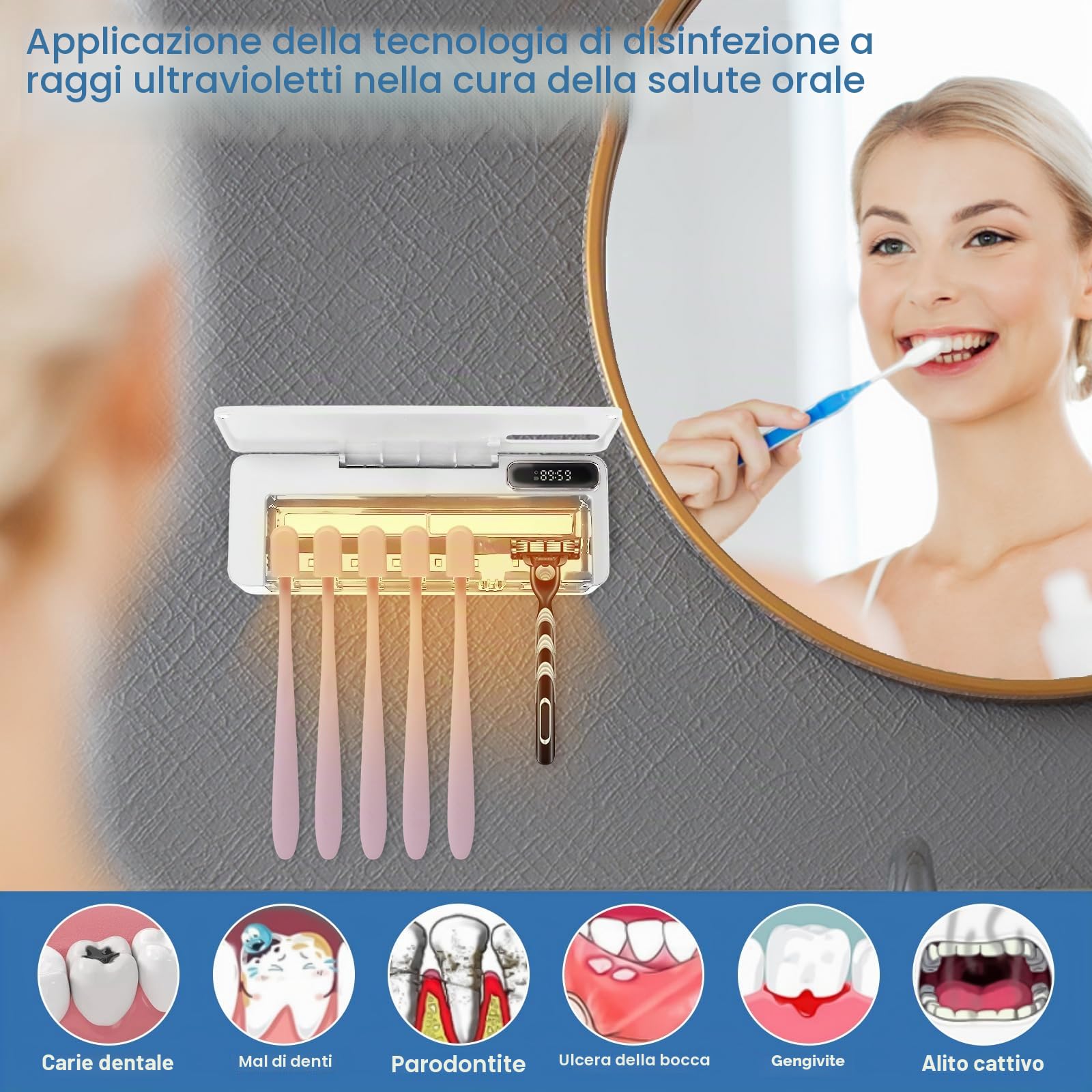 Porta Spazzolini Bagno UV, Portaspazzolino Parete, Sterilizzatore Portaspazzolino UV, Ricaricabile USB, 2000 Mah Batterie, 5+1+1 Toothbrush Slot, per i Bagni Delle Famiglie (bianco)
