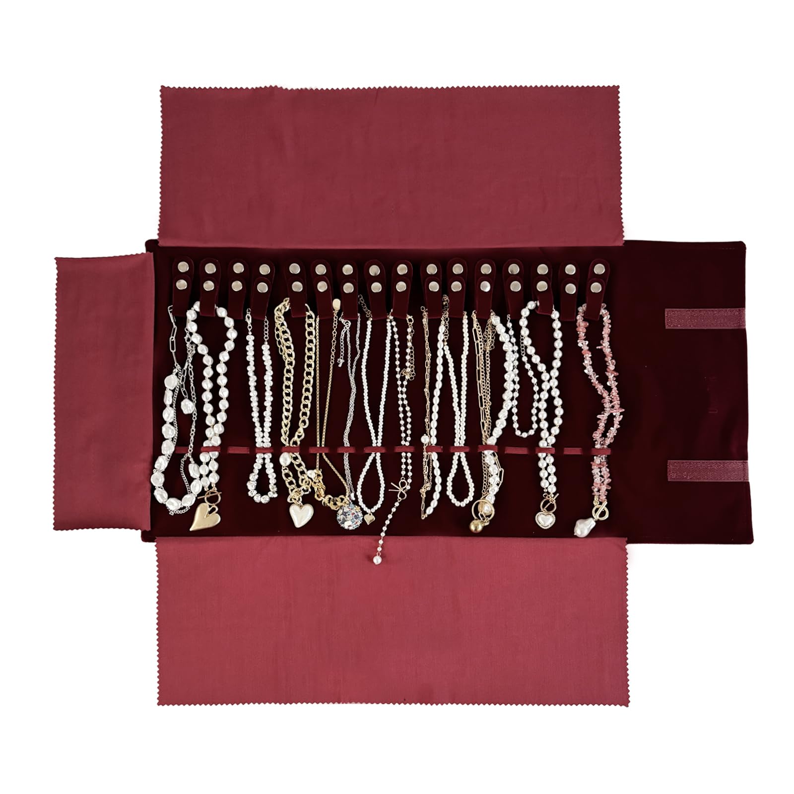 UnionPlus Velvet Travel Jewelry Roll Bag Organizer for Necklace, Elastic Band and Anti-winding, Burgundy