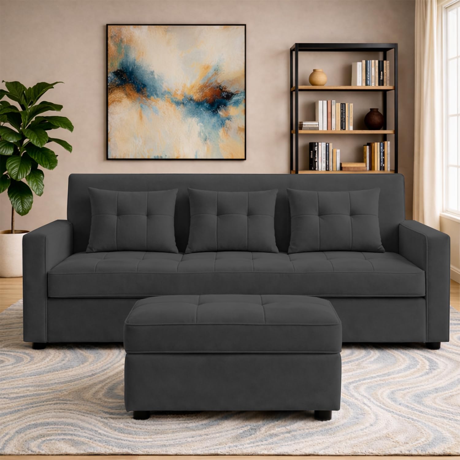GRAPEWOOD Emilio 3 Seater with Ottomon Pull-Out Sofa Cum Bed (Black Color) Premium Fabric Sofa Set for Living Room | Bedroom