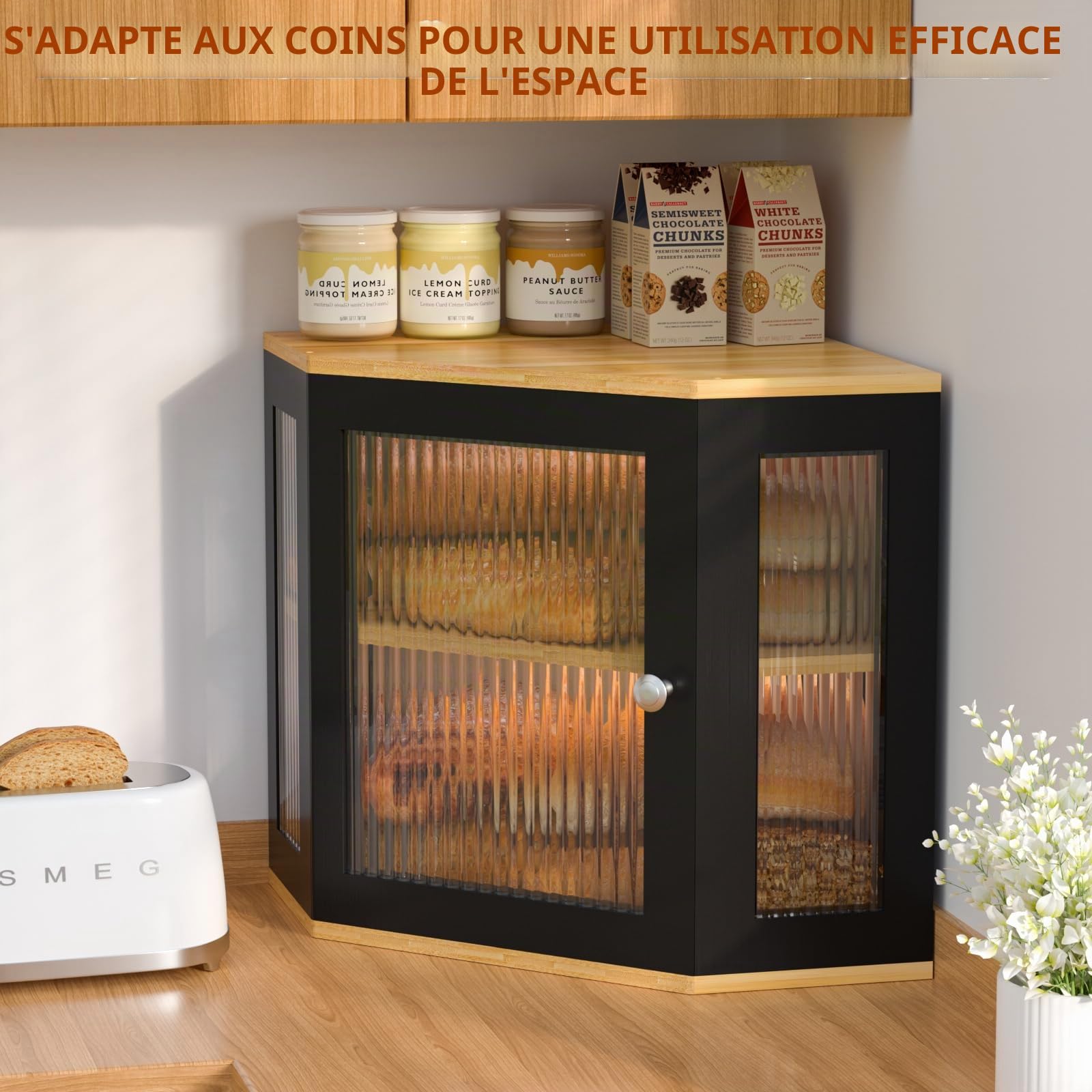 Boîte à pain en coin en bambou Boîte de rangement à pain avec 2 étages, contenant à pain en bois, résistant aux aliments et facile à entretenir, boîte à pain 32x32x35cm