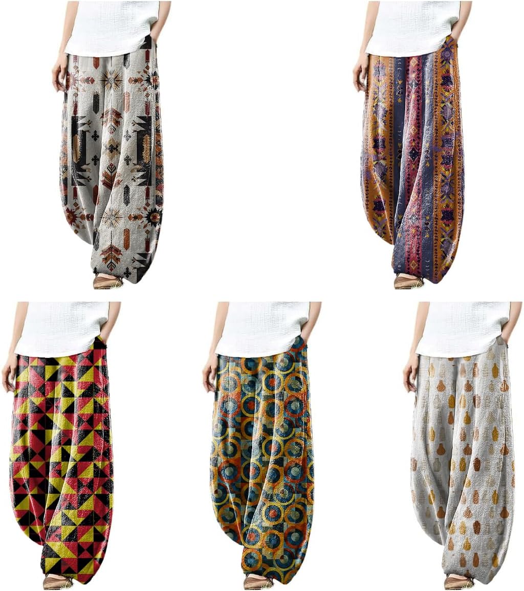 Wide Leg Linen Pants for Women Comfortable Breathable Pants with Pockets Vintage Elastic Waist Pants for Women