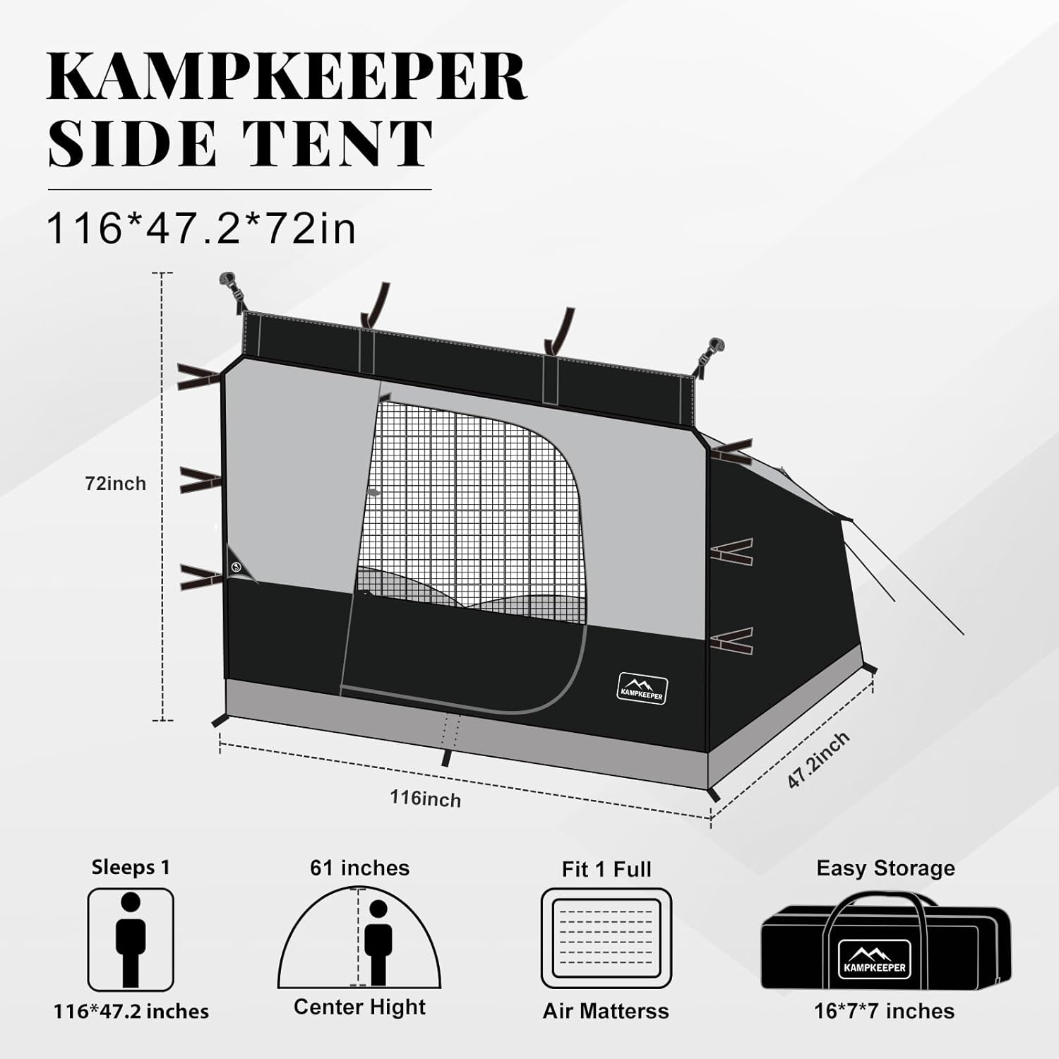 KAMPKEEPER Canopy Side Tent, Camping Canopy Tent for 10x10 Pop Up Canopies, Cube Tents, Gazebo Room Compatible with 10' Wide Canopies(Canopy Not Included)