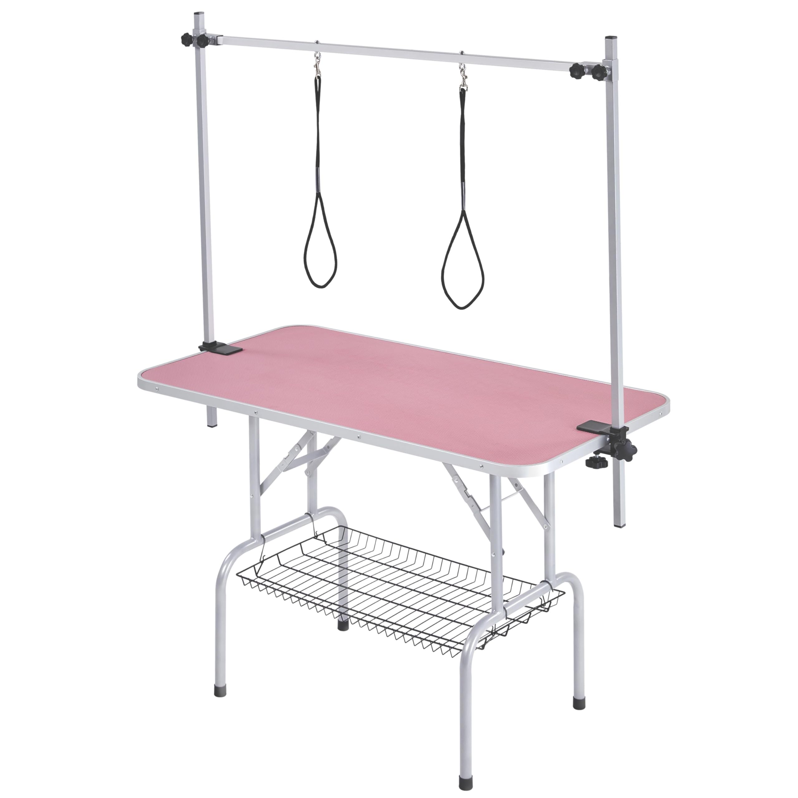 Yaheetech Tavolo da Toelettatura Cani Tosatura per Cani Gatti Animali Pieghevole Rosa 118 x 61 x 177 cm