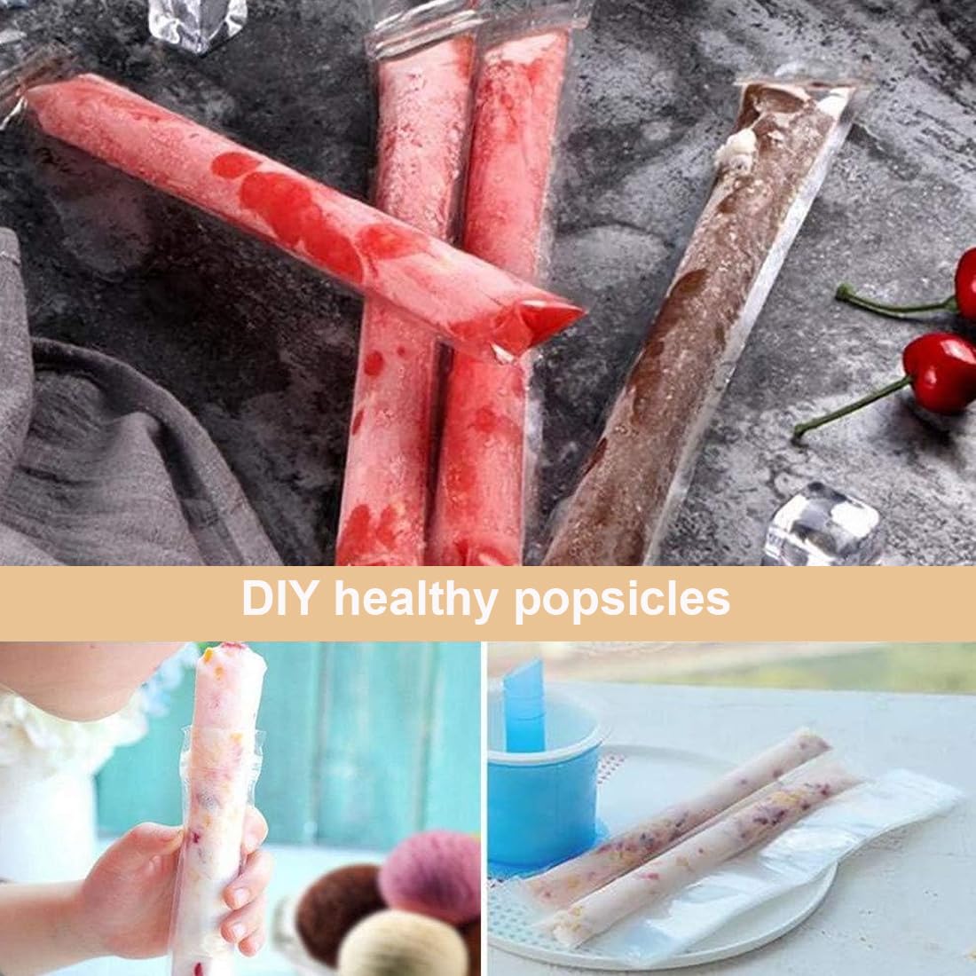 100 Stück BPA-frei Popsicle Taschen, Popsicle Formen Beutel, Eis Pop Beutel mit einem Trichter für Joghurt, Eisbonbons, Eiscreme, Gastgeschenke (5 x 22 cm)