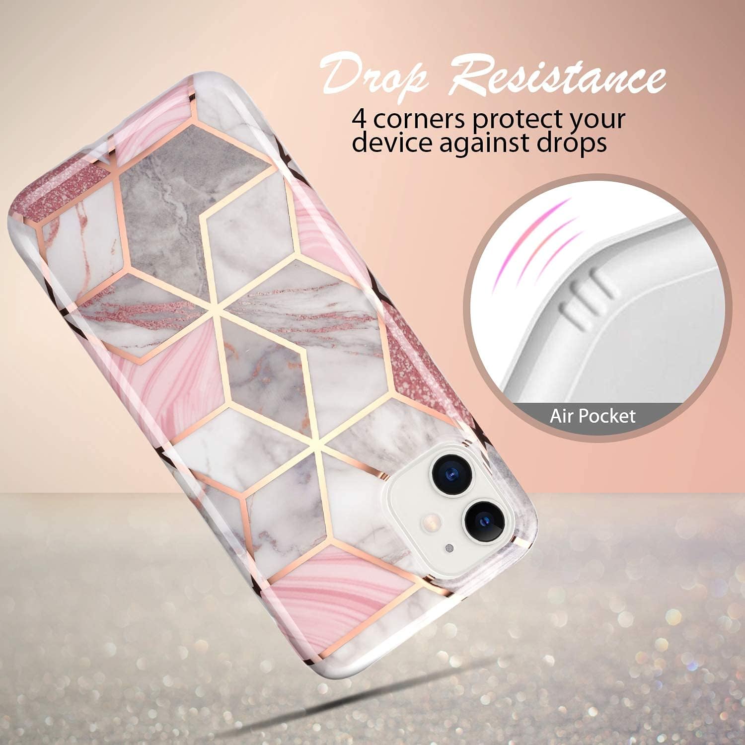 Coolwee for iPhone 12 Case Pink Marble Slim Fit Bling Glitter Sparkle Foil Stripe Thin Cute Design Glossy Finish Soft TPU Bumper Girls Women Protective Cover for Apple iPhone 12 Pro 6.1 inch Rose Gold