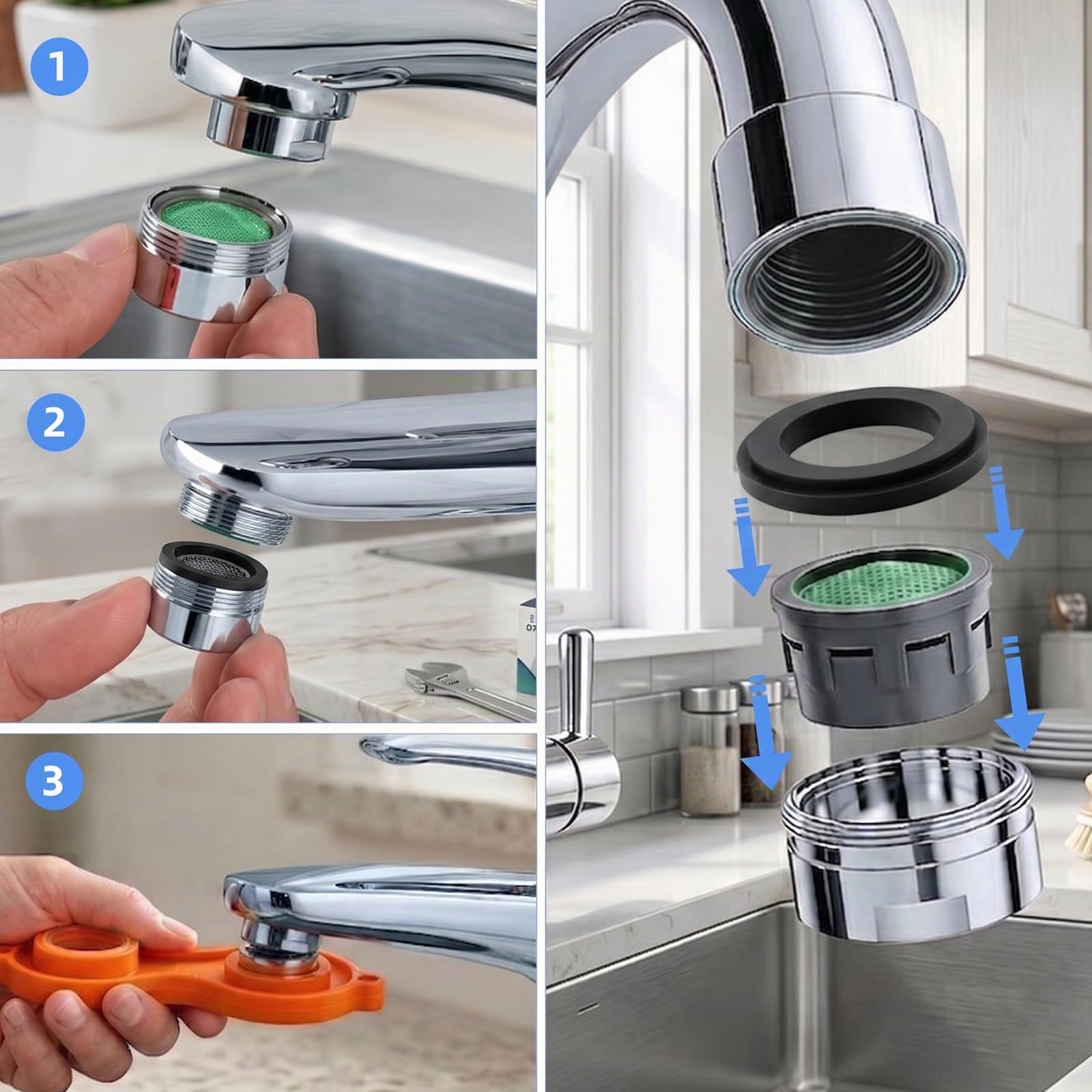 Set da 10 Aeratore Rubinetto M24 con Chiave di Montaggio | Rompigetto Filetto Maschio, Filtro e Dispositivo Risparmio Acqua per Cucina e Bagno