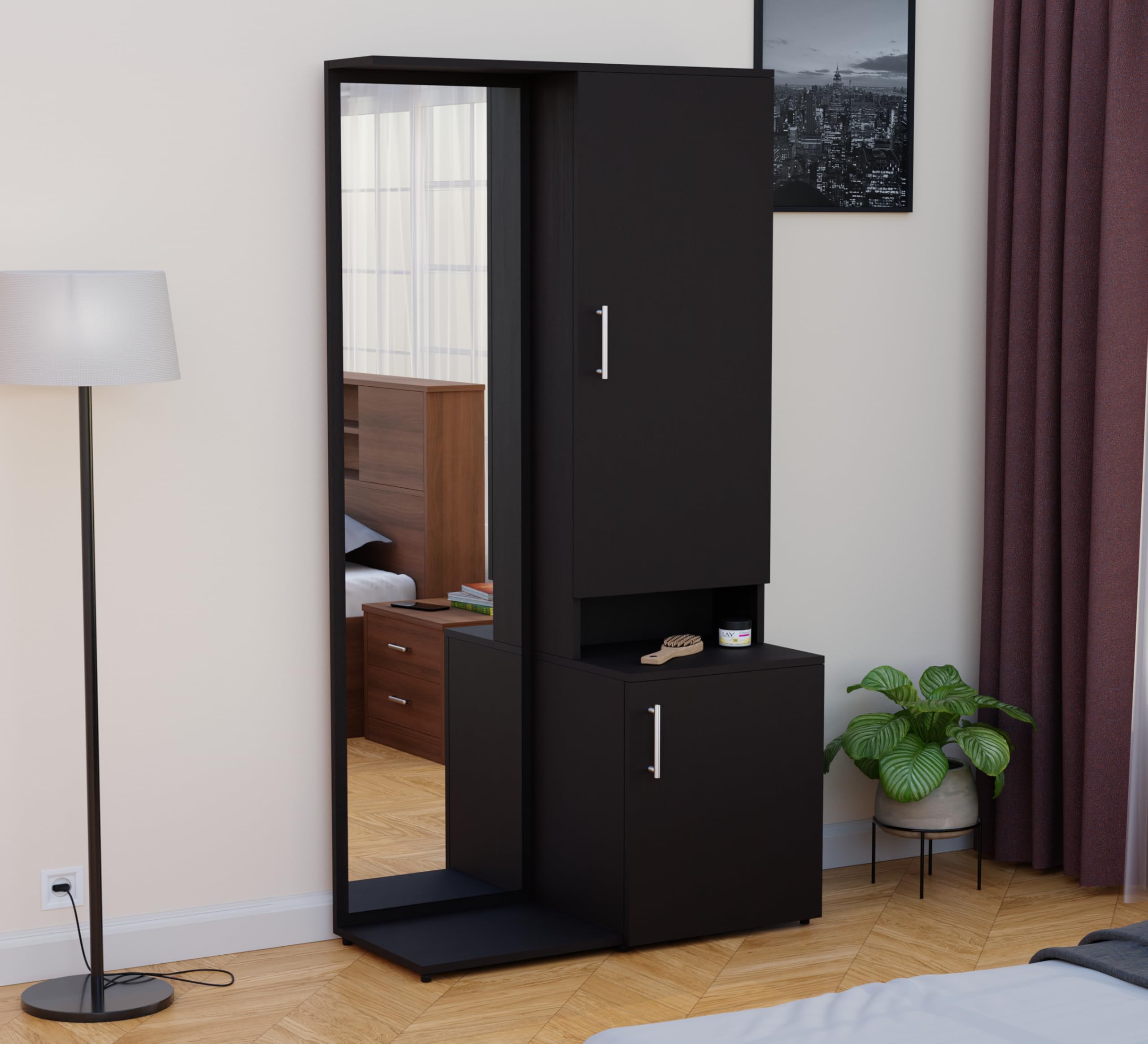 FURNIFLIX Engineered Wood Dressing Table with Mirror & Storage | Wooden Vanity Table with Shelves, Door Cabinet & Makeup Organizer for Bedroom, Living Room & Home (Black Wenge Finish)-image-29