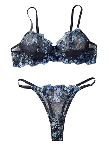 Aimedalis Sexy Floral Embroidered Flower Mesh Underwire Push Up Lingerie Set - Black-blue - Medium
