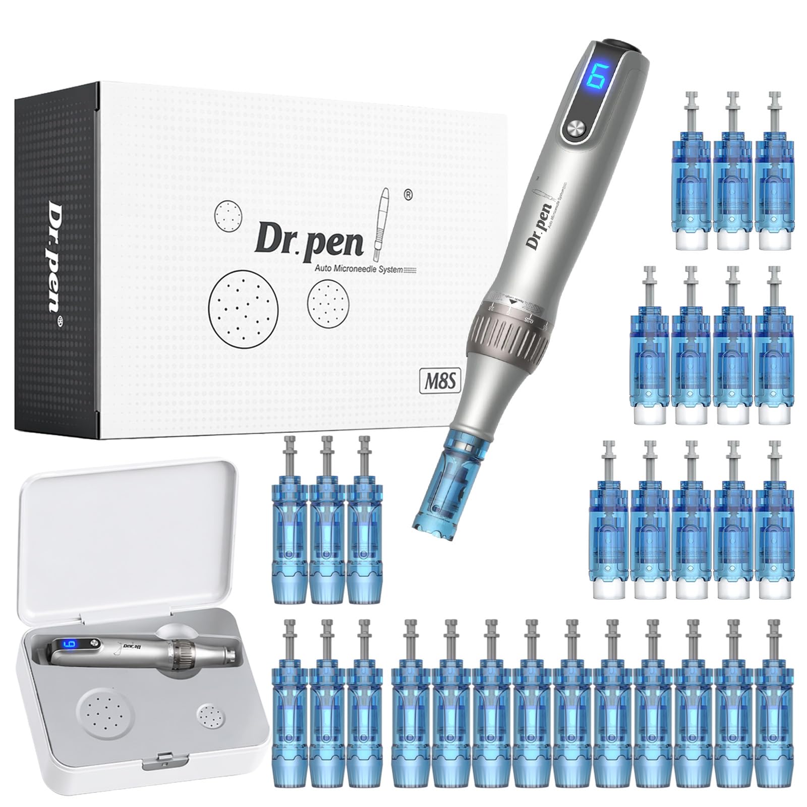 Dr. Pen Ultima M8S hautpflege pen – Kabellos, LED-Display, 6 Stufen, 0–2,5 mm, ergonomisch, 28 Ersatz-Tips(12×18Pin & 10×36Pin & 6xNanoR), sterile Module, für Gesicht, Hals, Körper, Profis & Zuhause