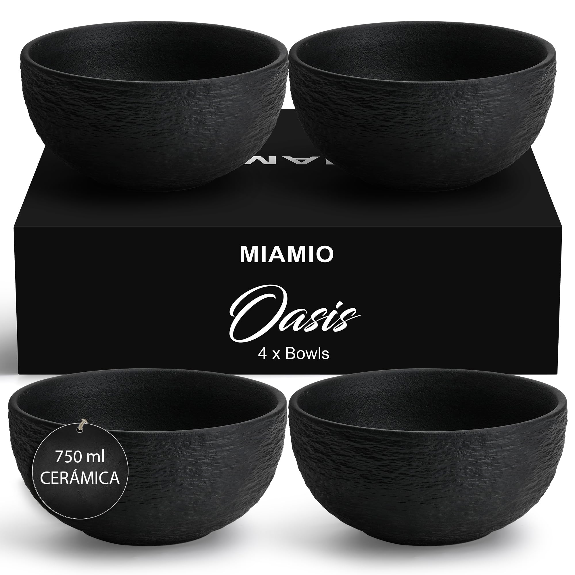 MIAMIO - Set 4 cuencos de cerámica (750 ml) - Oasis (Negro)