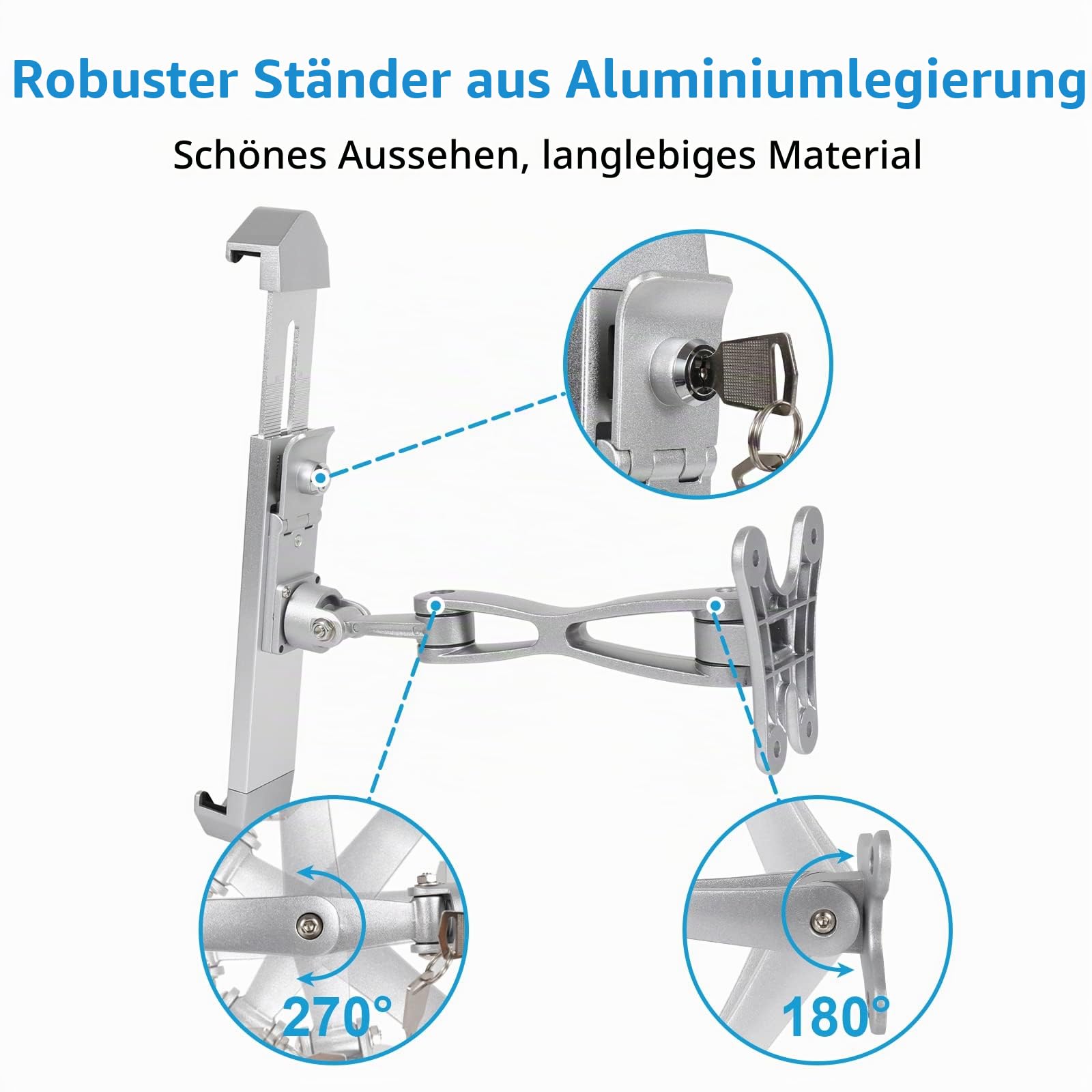 Tablet Wandhalterung Diebstahlschutz, Anti Diebstahl Tablet Halterung Wand | Aluminiumarm Sicherheitshalterung mit Schloss für iPad Pro 13 11, Air, Galaxy Tabs, Surface Pro, 9-14" Tablets