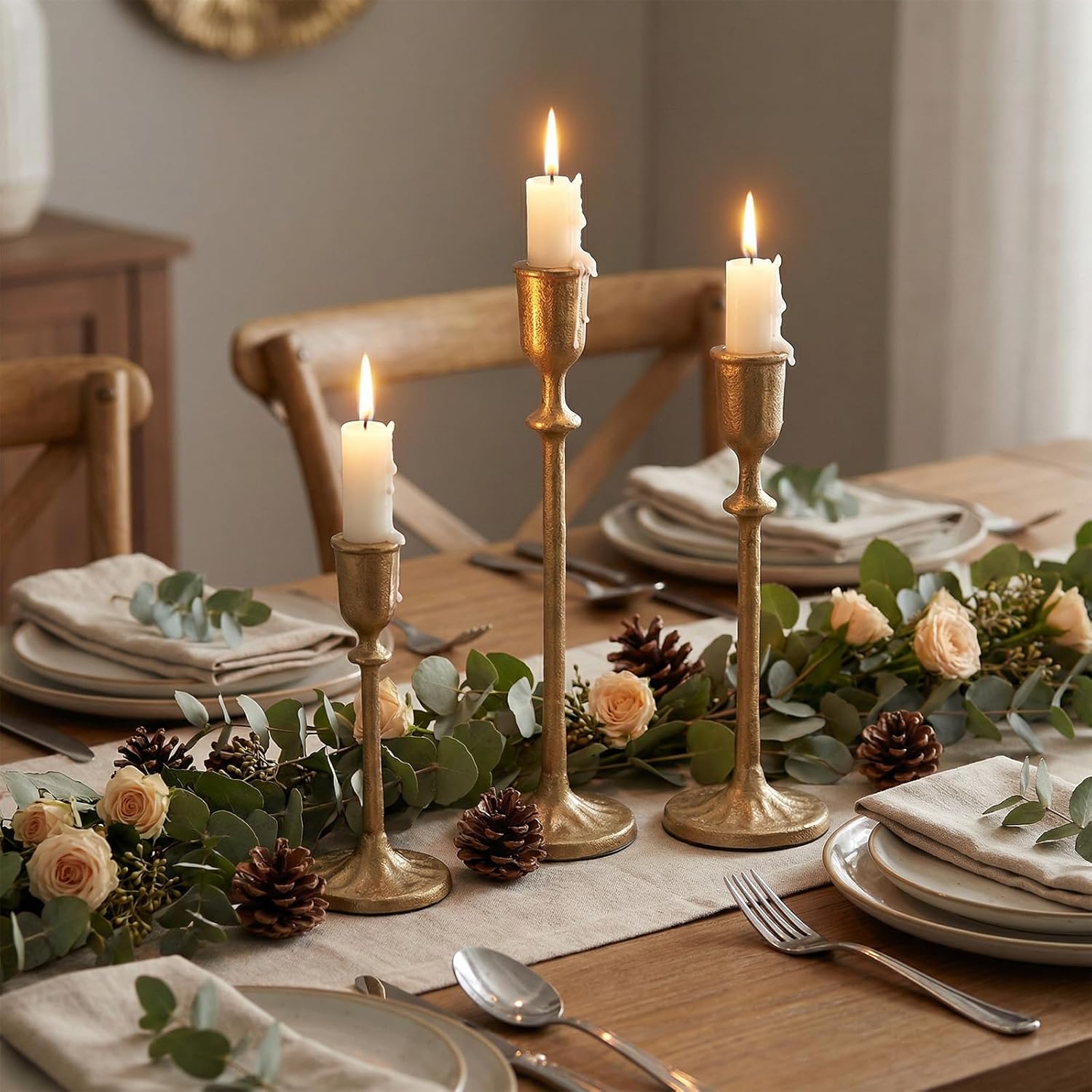3Pcs Antique Brass Candlestick Holders, Iron Taper Candle Holder for Dining Table, Wedding, Fireplace Mantel Decor, Vintage Tall Candle Stands, Christmas & Home Decoration
