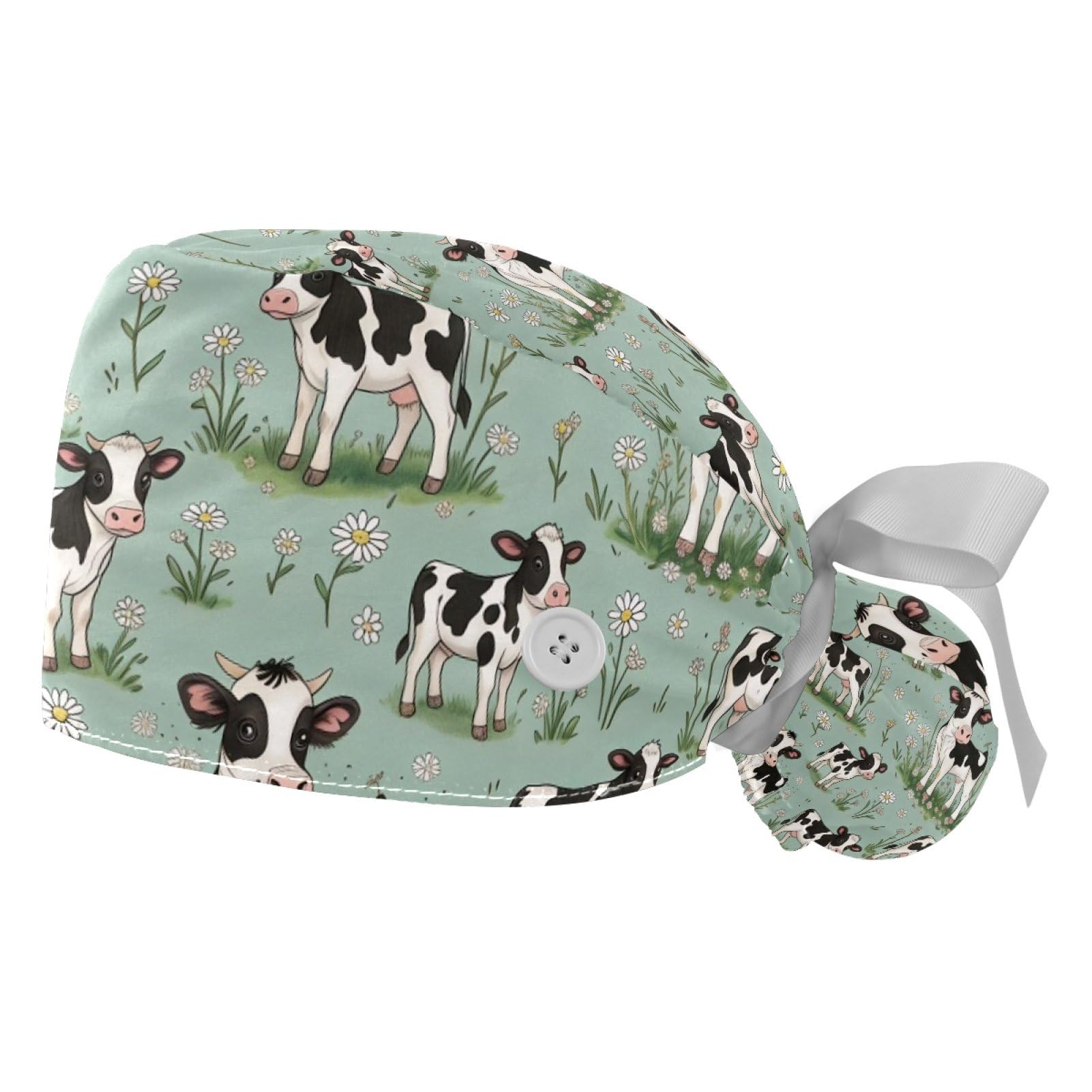 2 PCS Bouffant Cap with Button Ponytail Pouch Working Cap Sweatband Adjustable Surgical Cap Black and White Cow