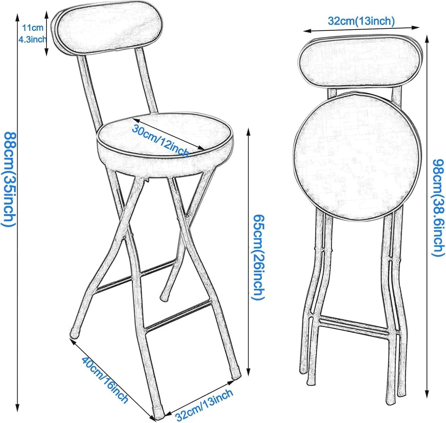 Portable Padded Folding Bar Stool for Adults High Chair Seat with 150kg Load Capacity 24inch/60cm(Black,26inch/65cm)