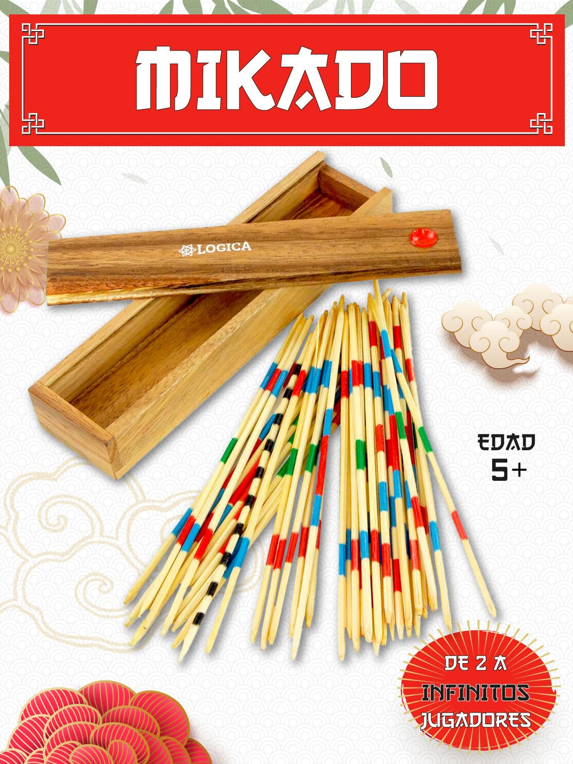 Mikado – Juego Clásico De Madera En Caja Compacta – Ideal Para Viajes Y Casa – Para Niños De 4+ Años – 30 Minutos De Diversión (Palos De 5 Diseños)